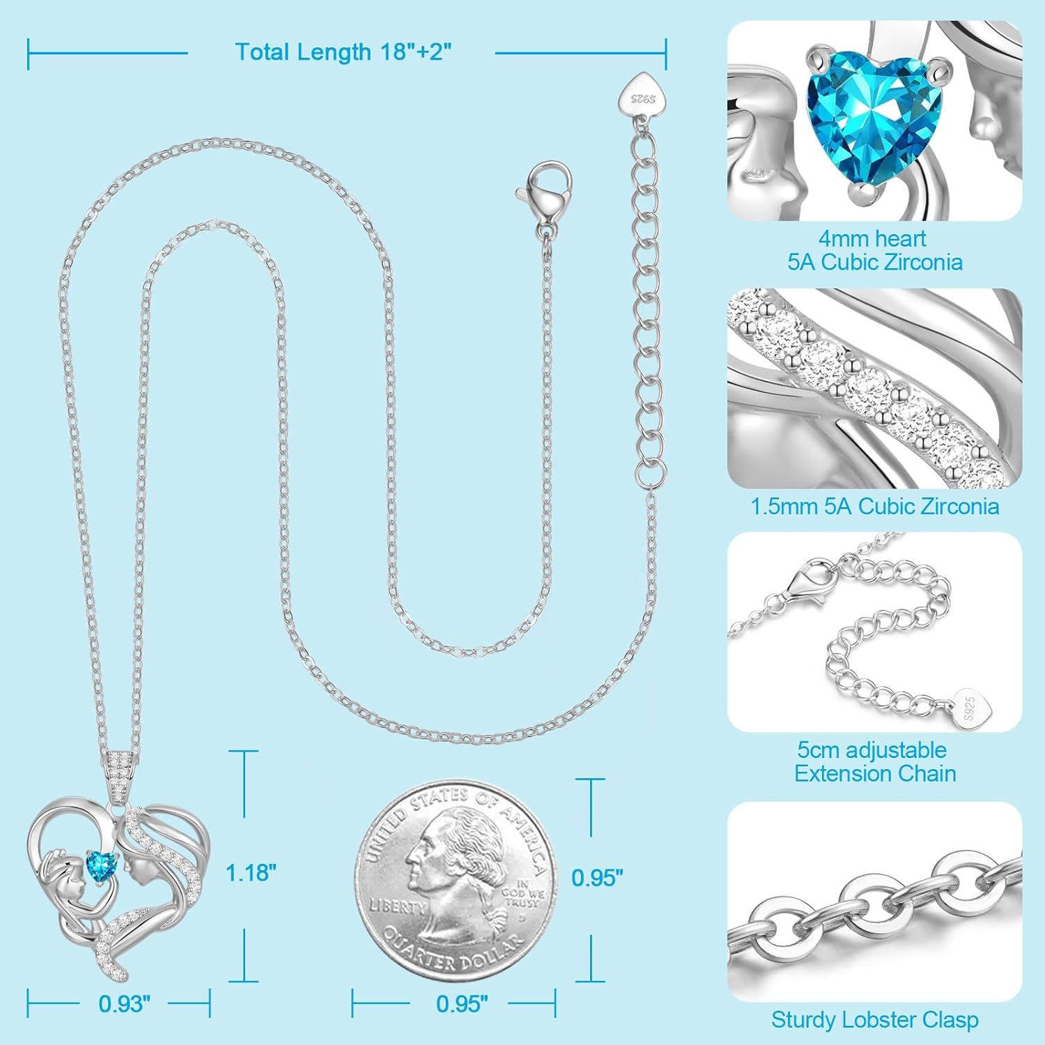Mothers Day Gifts for Mom Wife Her Grandma, S925 Sterling Silver Birthstone Necklaces Jewelry for Women, Mother's Day Love Heart Pendant Necklace for Anniversary Birthday Christmas Day