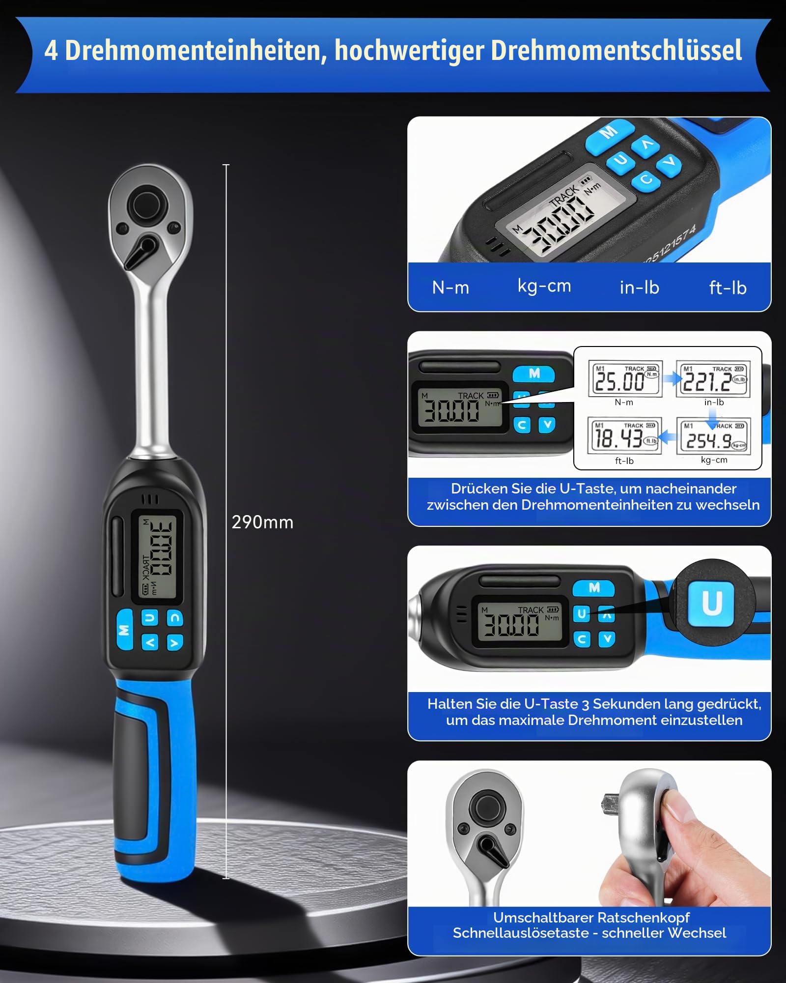 Digitaler Drehmomentschlüssel mit 3/8 zoll Antrieb, 3-60Nm Drehmomentbereich, ±2% Genauigkeit, Akustischer und LED-Alarm, Peak & Follow-Modus, für Fahrrad, Motorrad und Auto