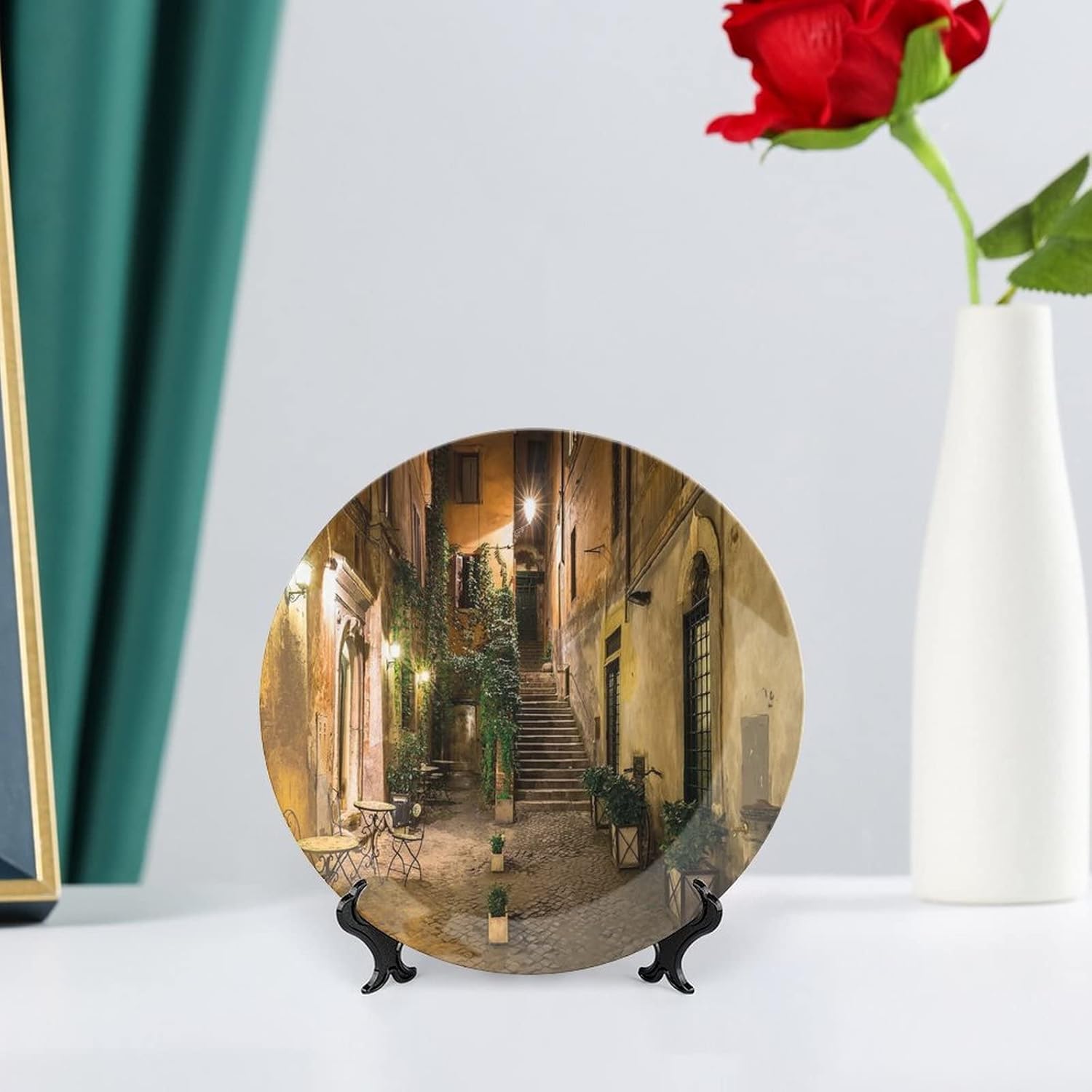 XISUNYA 10 Inch Decorative Plate, Italian Decor Dinner Plate, Old Courtyard in Rome Italy Cafe Chairs City Print Ceramic Wall Hanging Decor Accessory for Dining Table Tabletop Home Decor