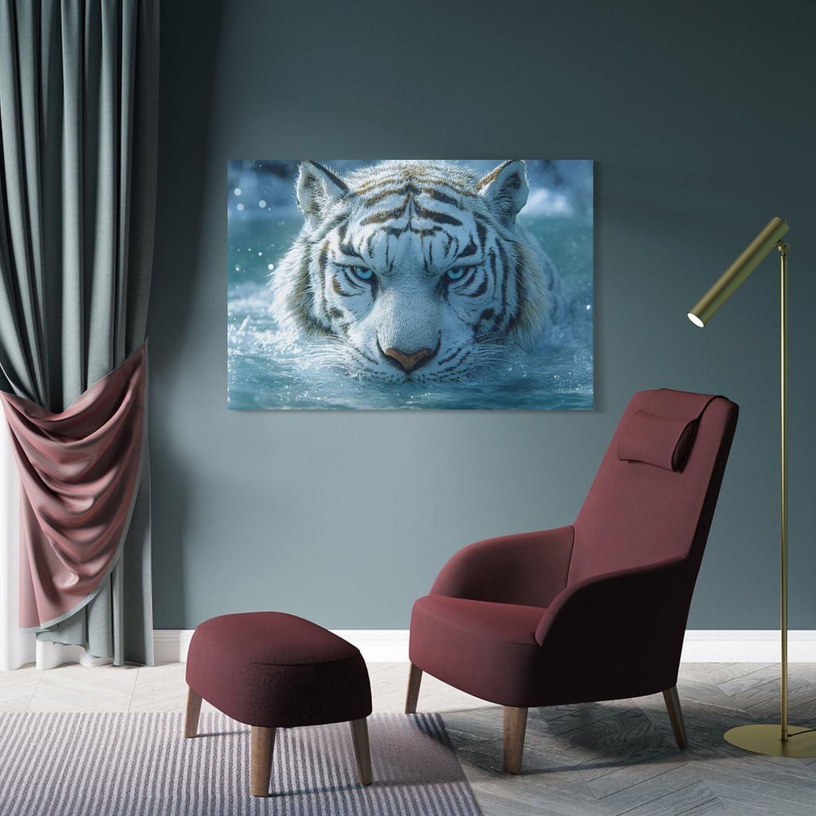 Junmoney Frame-Style-9 Wall Picture Print White Tiger In Water, 24X36inch(60X90cm), For Entryway, Lounge Links Or Small Walls, Home Artwork For First Impressions