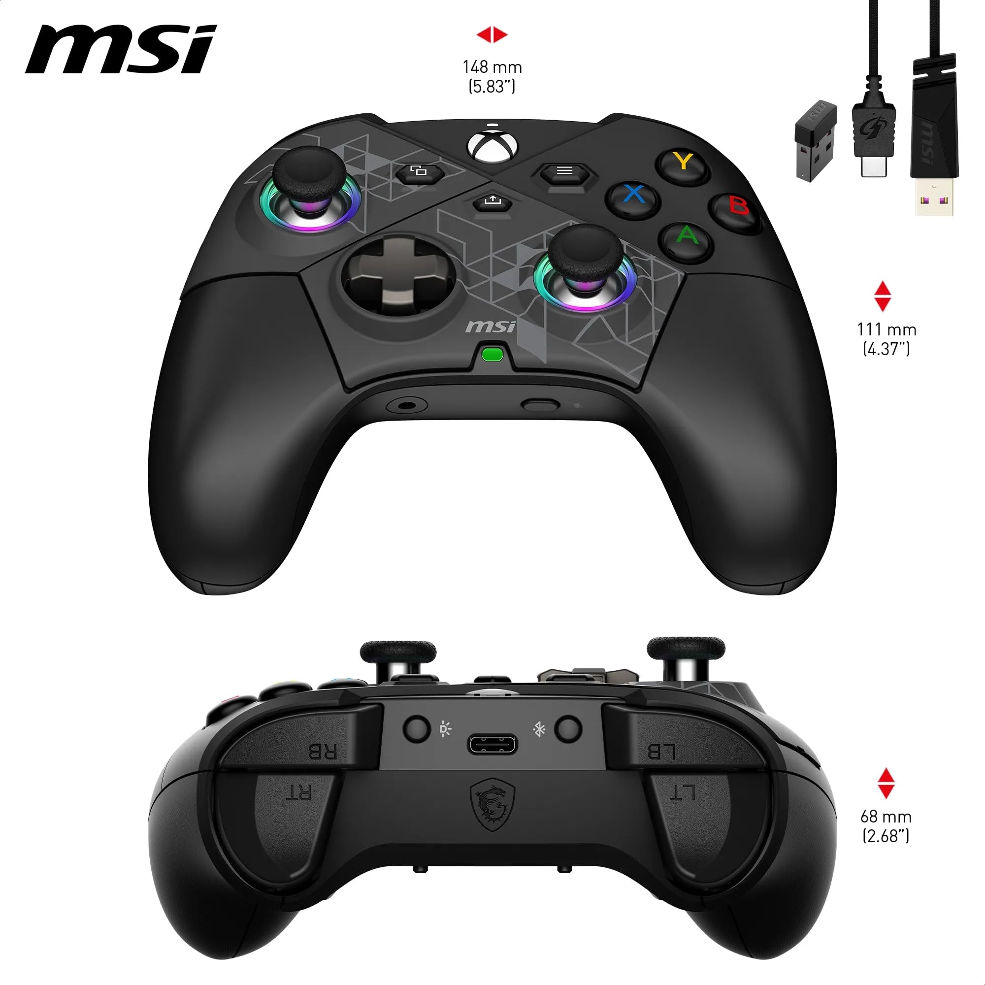 MSI FORCE PRO W - Mando Gaming Inalámbrico y Alámbrico, Compatible con Xbox Series/Xbox One/PC/Android, Control Analógico/Digital, Negro, RGB, Botones Programables, 275g