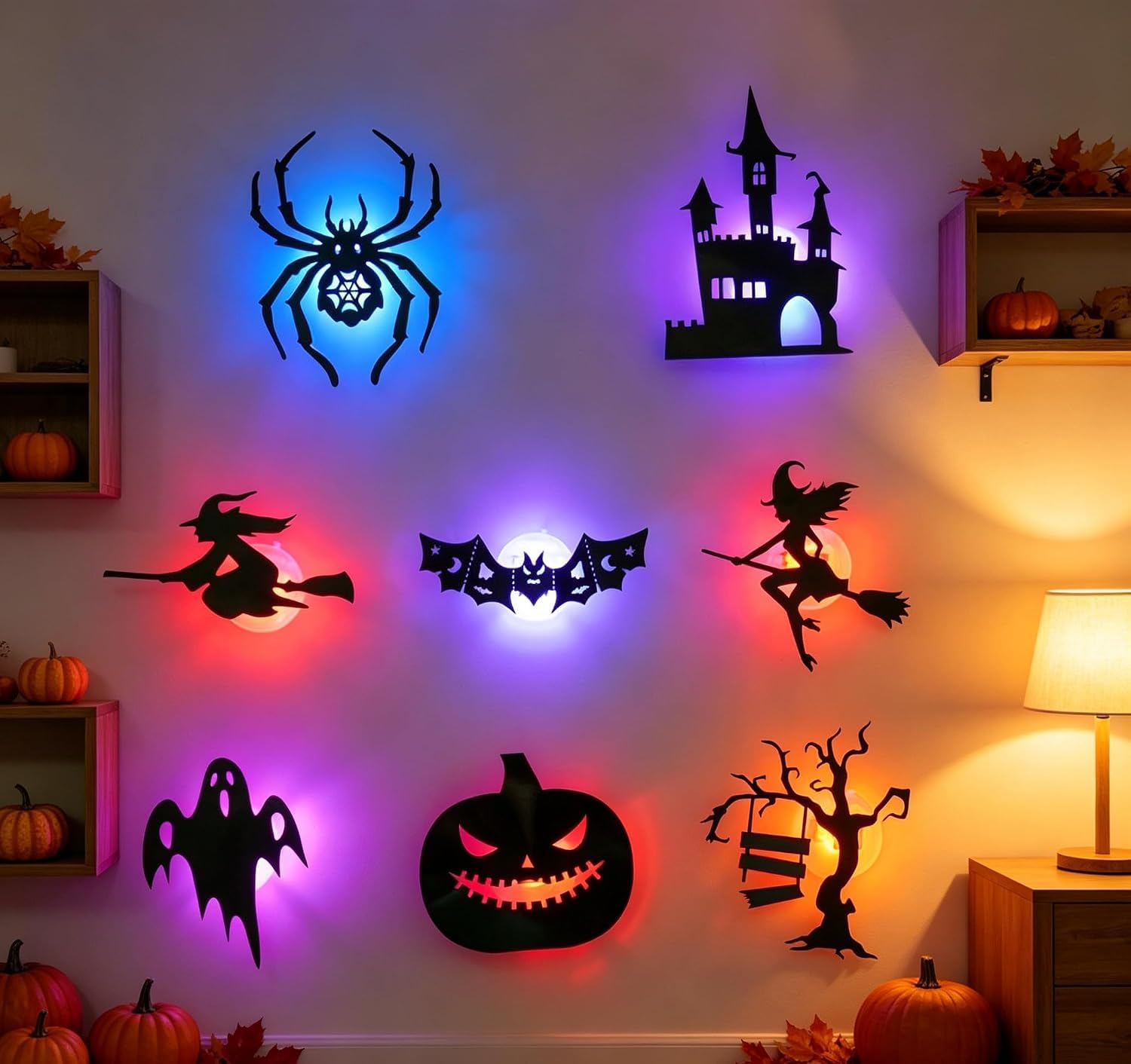 Bancsdzaha 8PCS Halloween LED Silhouette Wall Lights,3D Light Up Bat Decor for Party Spooky Decorations with Colorful Backlit Glow Spider Witch Bat Ghost Pumpkin Designs for Indoor Party Home