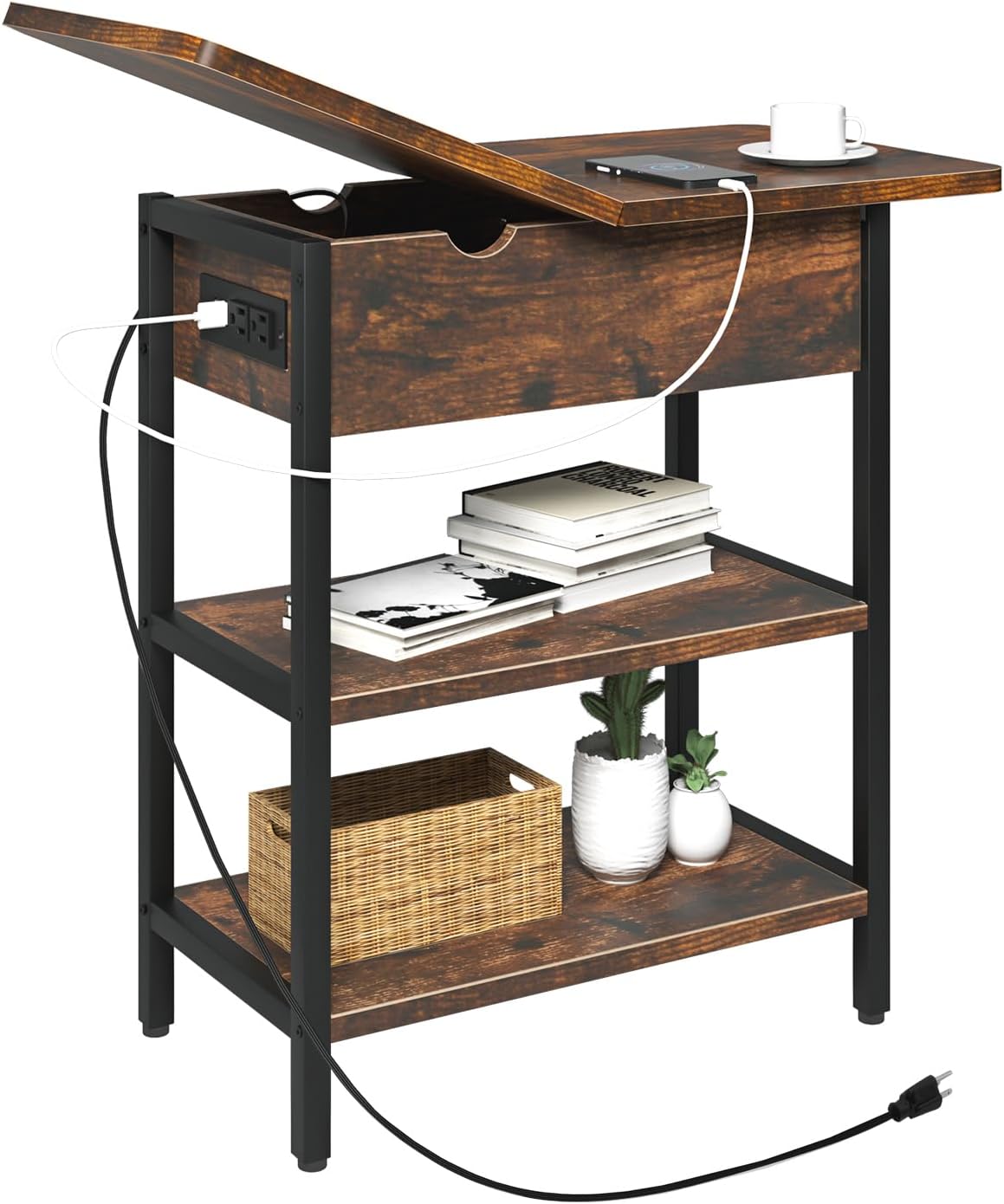 End Table with Charging Station, Flip Top Side Table with USB Ports and Outlets