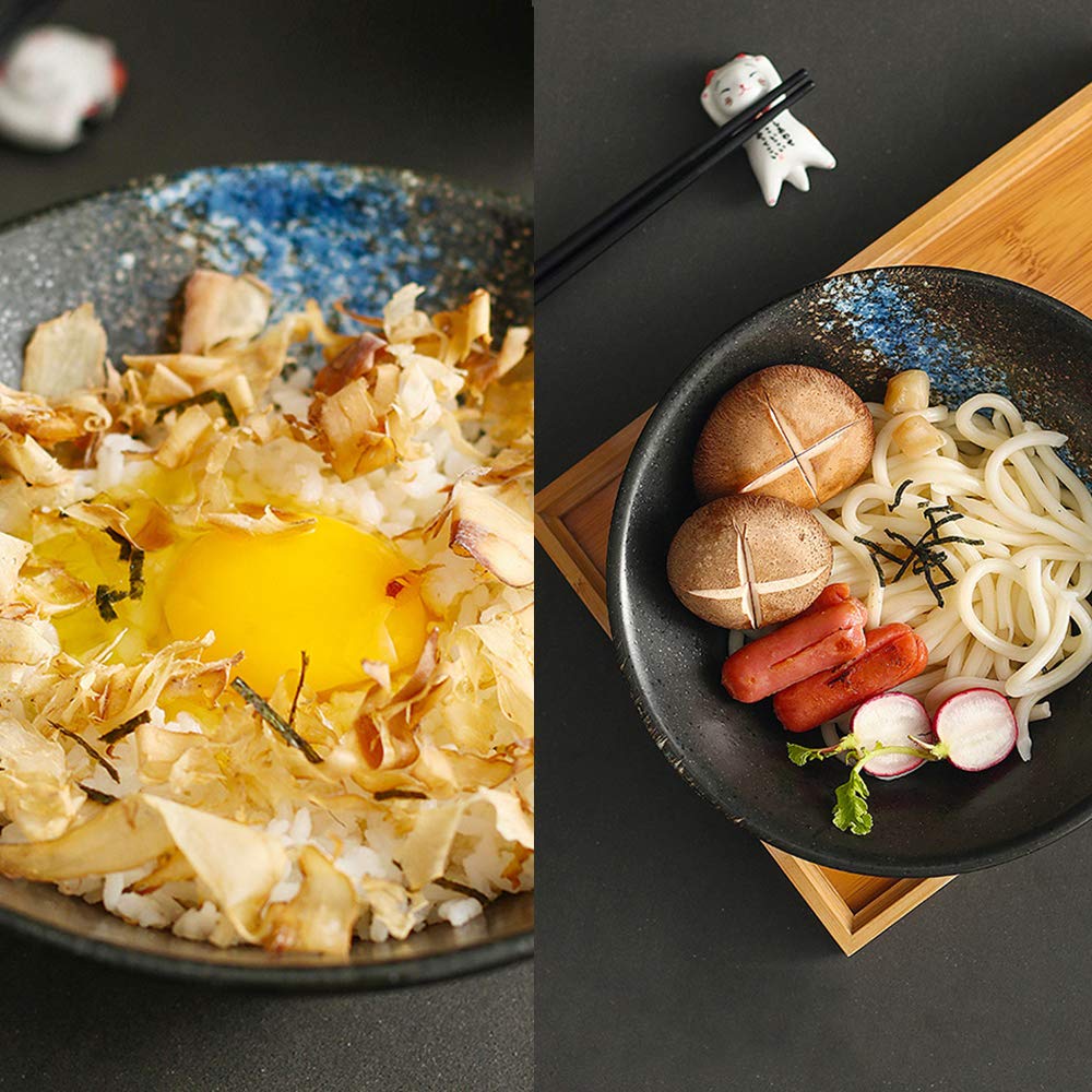 Genérico Juego de 2 tazones para Fideos, Cuencos japoneses de cerámica para Servir con Cuchara y Palillos a Juego, tazones para Ramen de 7, 8 y 9 Pulgadas para Sopa, Fideos, pho, Udon y Cereales.