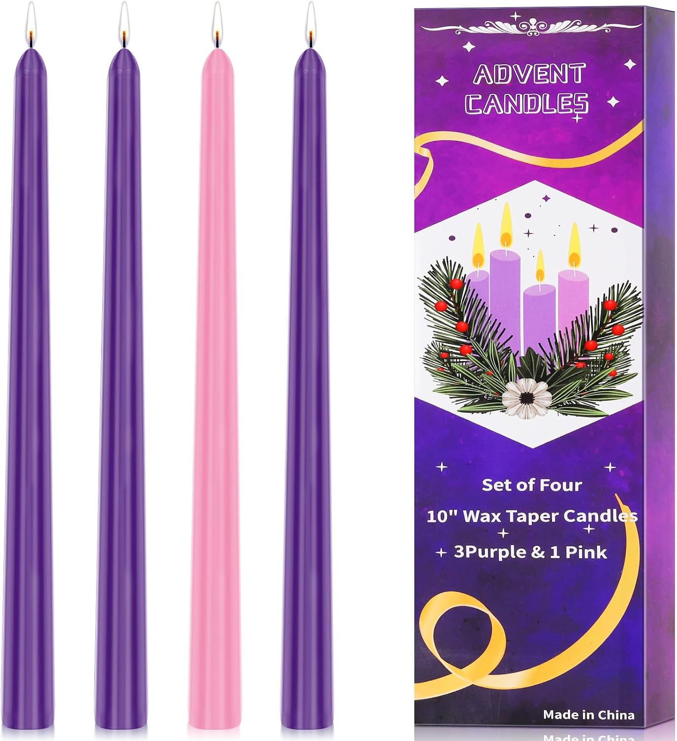 Christmas Advent Candle Set,10 inch Dripless Taper Candles 8 Hours Burn, Unscented for Seasonal Celebrations, Party, Church, Holidays - 3 Purple Candles & 1 Pink Candle
