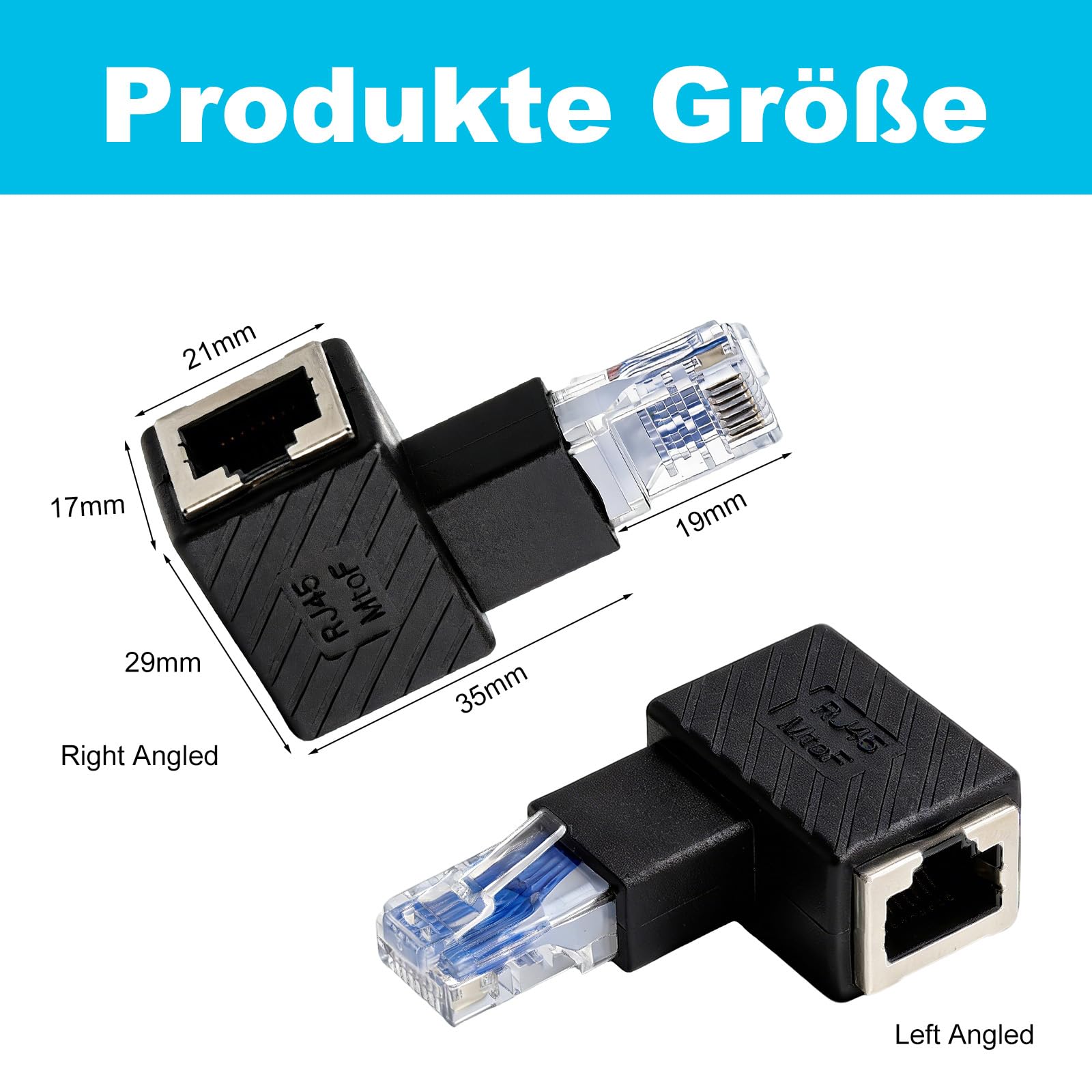 TNSLAND 2 sztuki 90 stopni RJ45 wtyczka na gniazdo adapter – prawy + lewy kątowy, oszczędność miejsca do montażu na ścianie, routerów i wąskich pomieszczeń, adapter CAT5 CAT6 Ethernet LAN