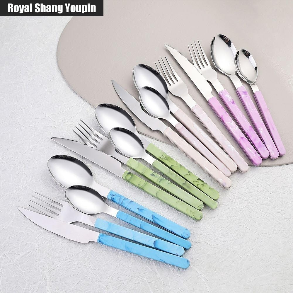 Retro Stile Cinese PP Maniglia Da Cucina in Acciaio Inox Argenteria Da Tavola Posate Set Di Posate Coltello Da Bistecca Forchetta Cucchiaio Cucchiaino (Blu,24 pezzi)