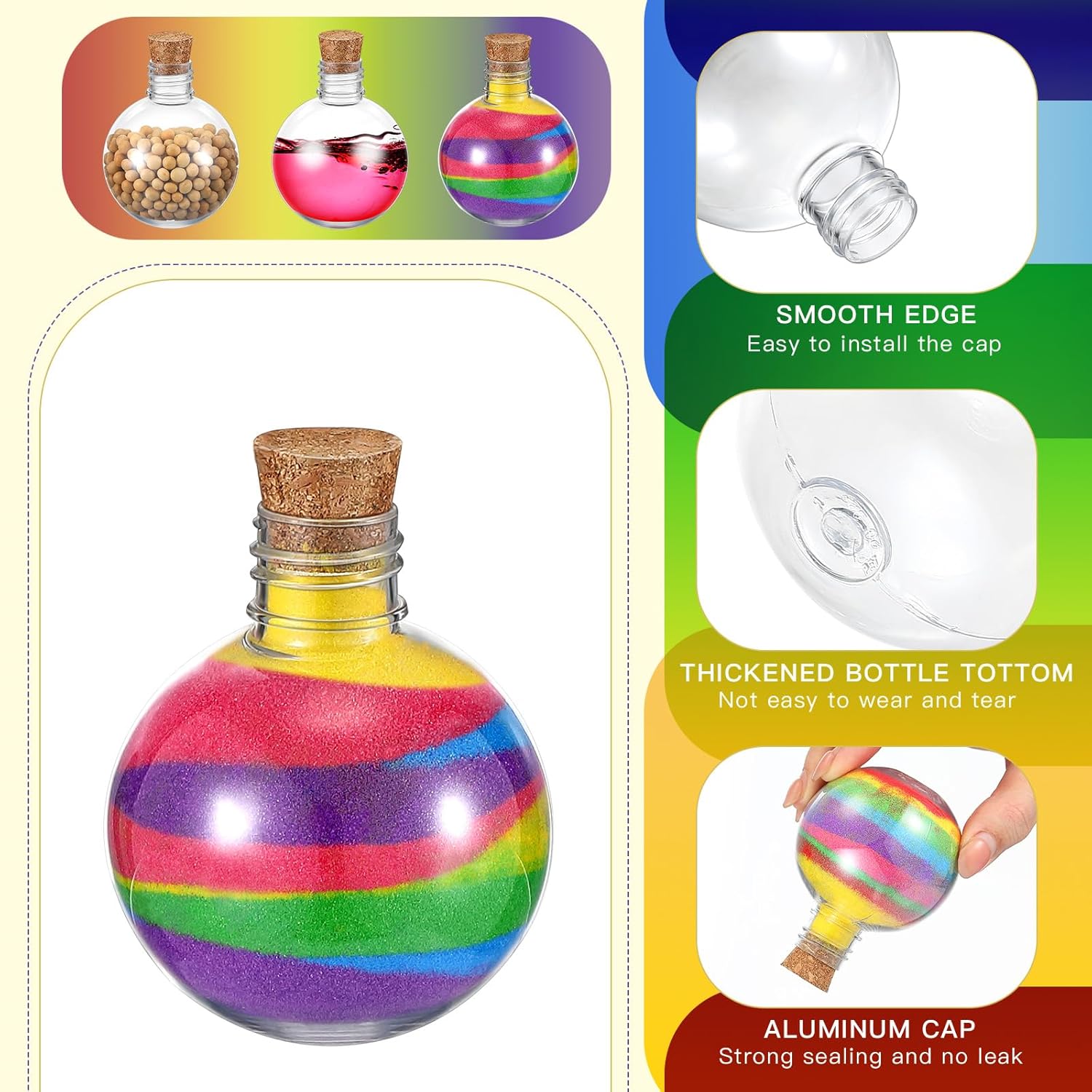 Layhit 24 Pcs Spherical Plastic Potion Bottles Ball Shape Round Bottles 3.4 oz Sand Art Jar with 5 Funnels Decorative ‌container Candy Jar for Valentines Birthday DIY Crafts(Brown,Cork Stopper)