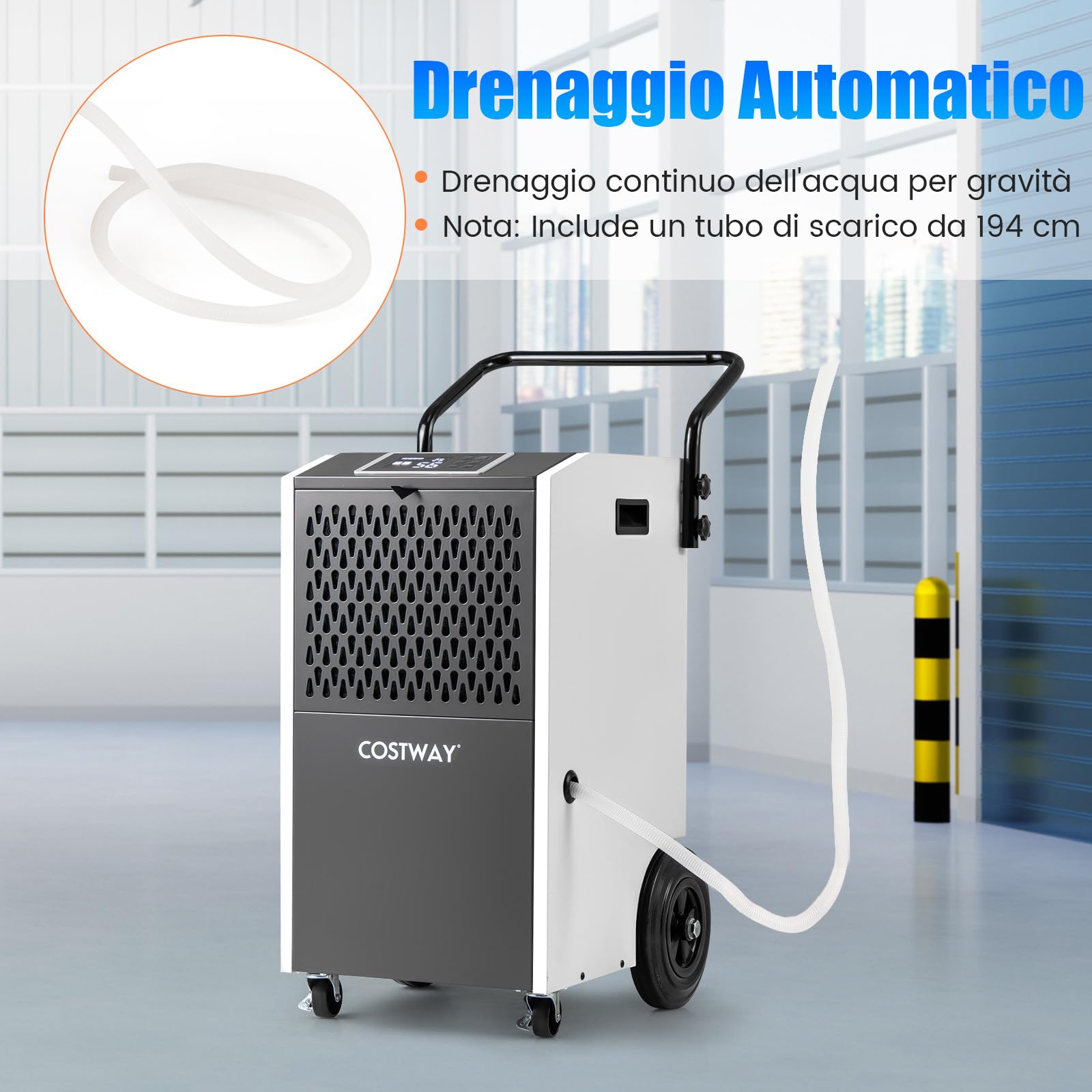 COSTWAY Deumidificatore Casa, Deumidificatore Elettrico con Tubo di Scarico e Timer, Portatile con Ruote per Cantina, Magazzino, Fabbrica e Grandi Spazi fino a 695 m³ (Bianco)