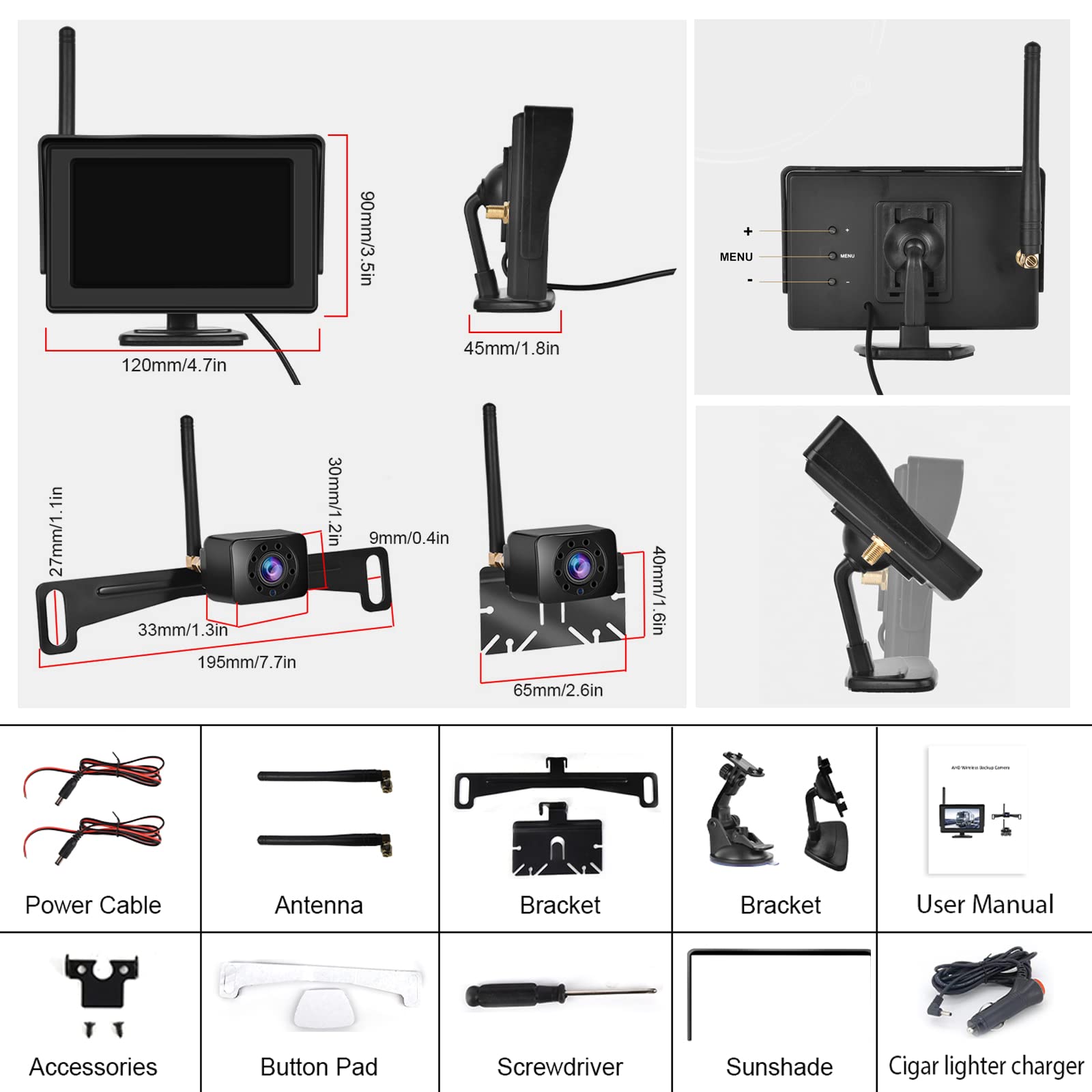 Hodozzy 4,3 Pulgadas Kit de Cámara Trasera Digital Inalámbrica con Monitor Pantalla IPS y Camara AHD Visión Nocturna Impermeable IP68 Cámara de Marcha Atrás Inalámbrico 12V para Automóviles Camiones