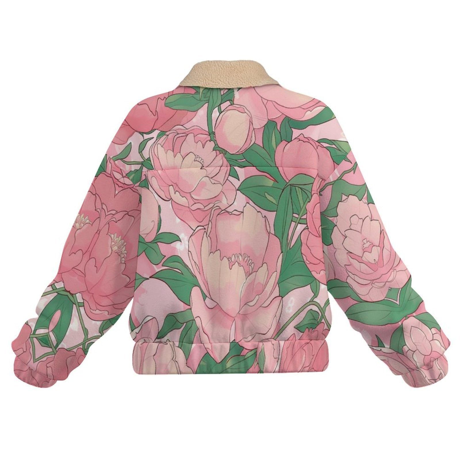 Donna Pile Stampa cartone animato Caldo con Cerniera, Giacca da Camera Invernale Corta Pile Giacche, Grazioso fiore peonia Cappotto In Peluche Sherpa Giubbotto Fleece Comoda