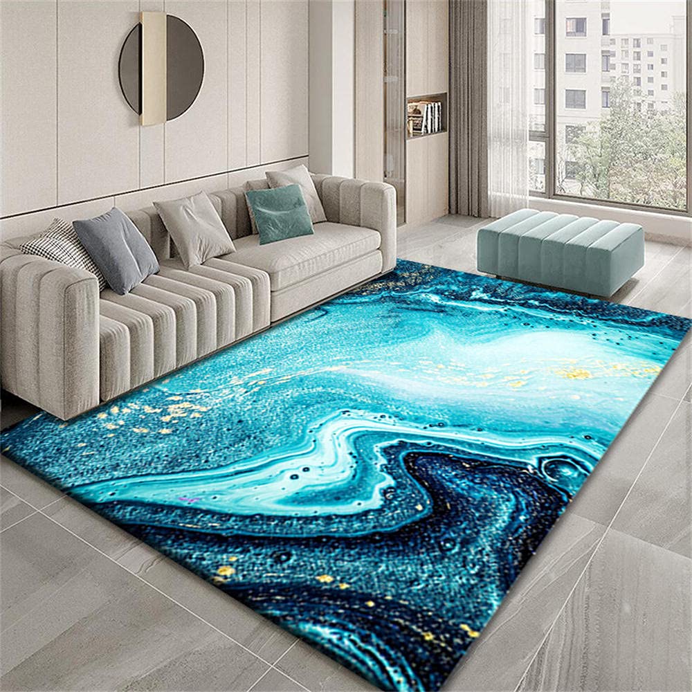 Tapis de chambre adulte bleu et or 80x120 cm au motif abstrait océan
