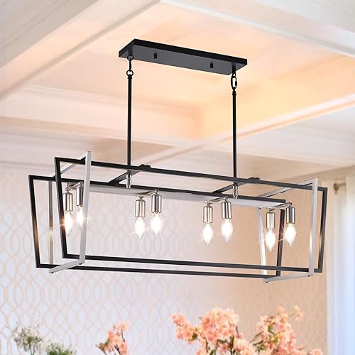 Miniatura 17 de Iluminación rústica de isla de cocina de granja, lámpara de 5 luces para comedor sobre mesa, lámpara de araña de madera rústica rectangular, lámpara