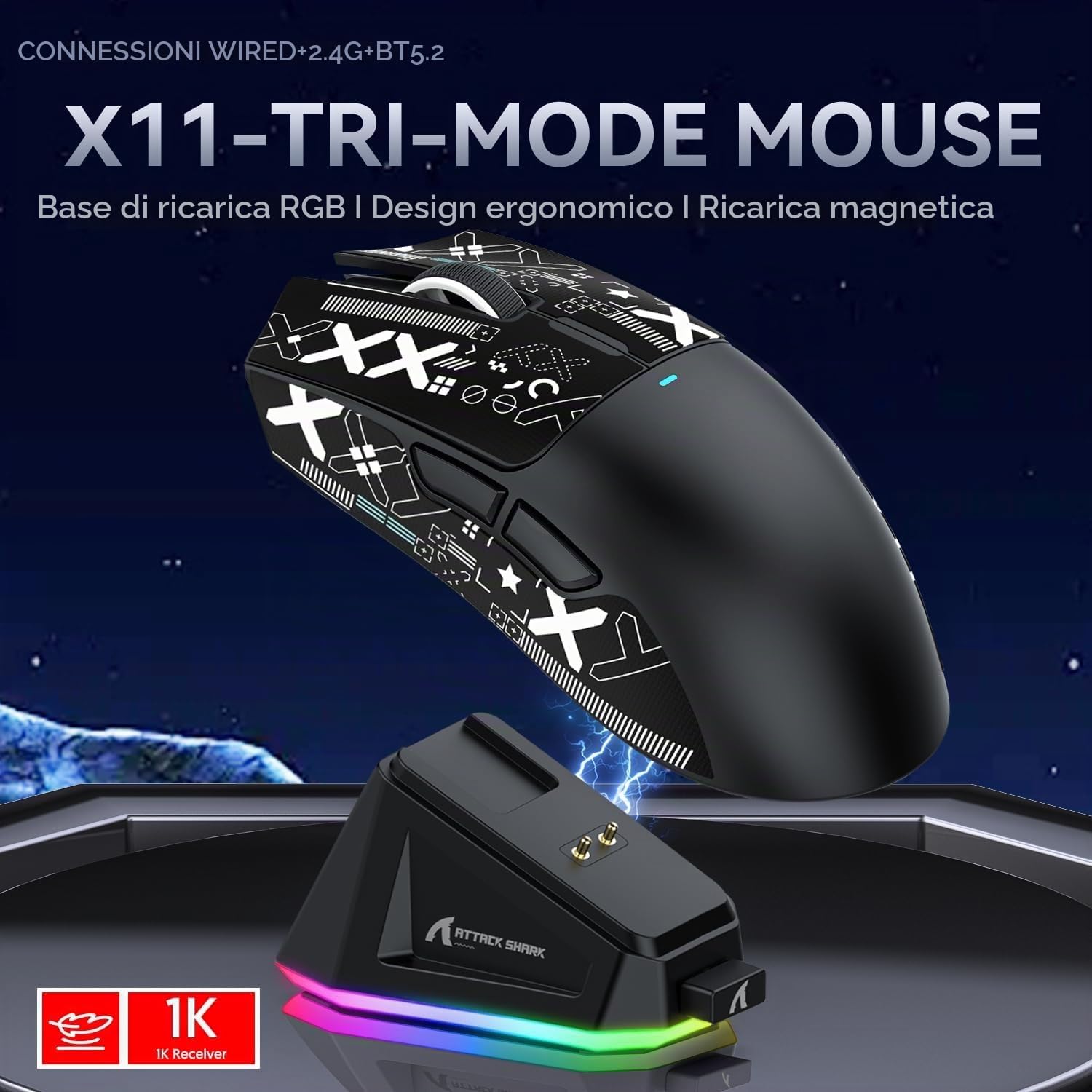 ATTACK SHARK 3 in 1 Tastiera senza fili X68PROHE e Mouse da Gioco X11, BT/2.4G/Cablato, Interruttore Magnetico a Grilletto Rapido da 8KHz, PixArt PAW3311, 22000DPI, Cavo a spirale C01PRO-Nero Sfumato