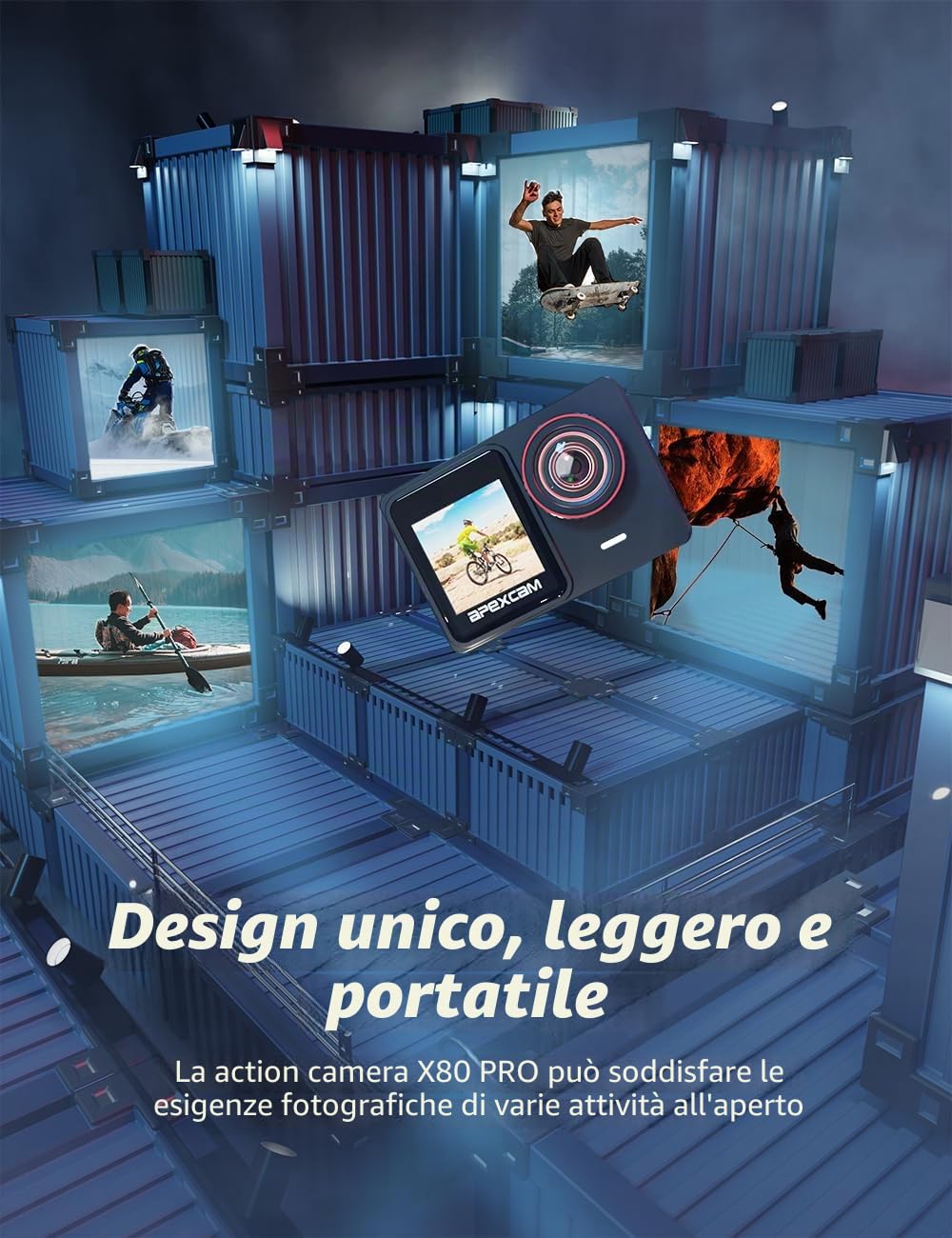 Apexcam Nuovo X80pro Doppia Screen Action Cam 4K60FPS 8X Zoom EIS 64MP Con 64GB Scheda Ultra HD WiFi Fotocamera Sportiva Telecamera subacquea 40m Impermeabile 2.4G Telecomando 2x1350mAh Batterie | 4K60FPS, Foto 48MP, Stabilizzazione EIS, Camera Subacquea,