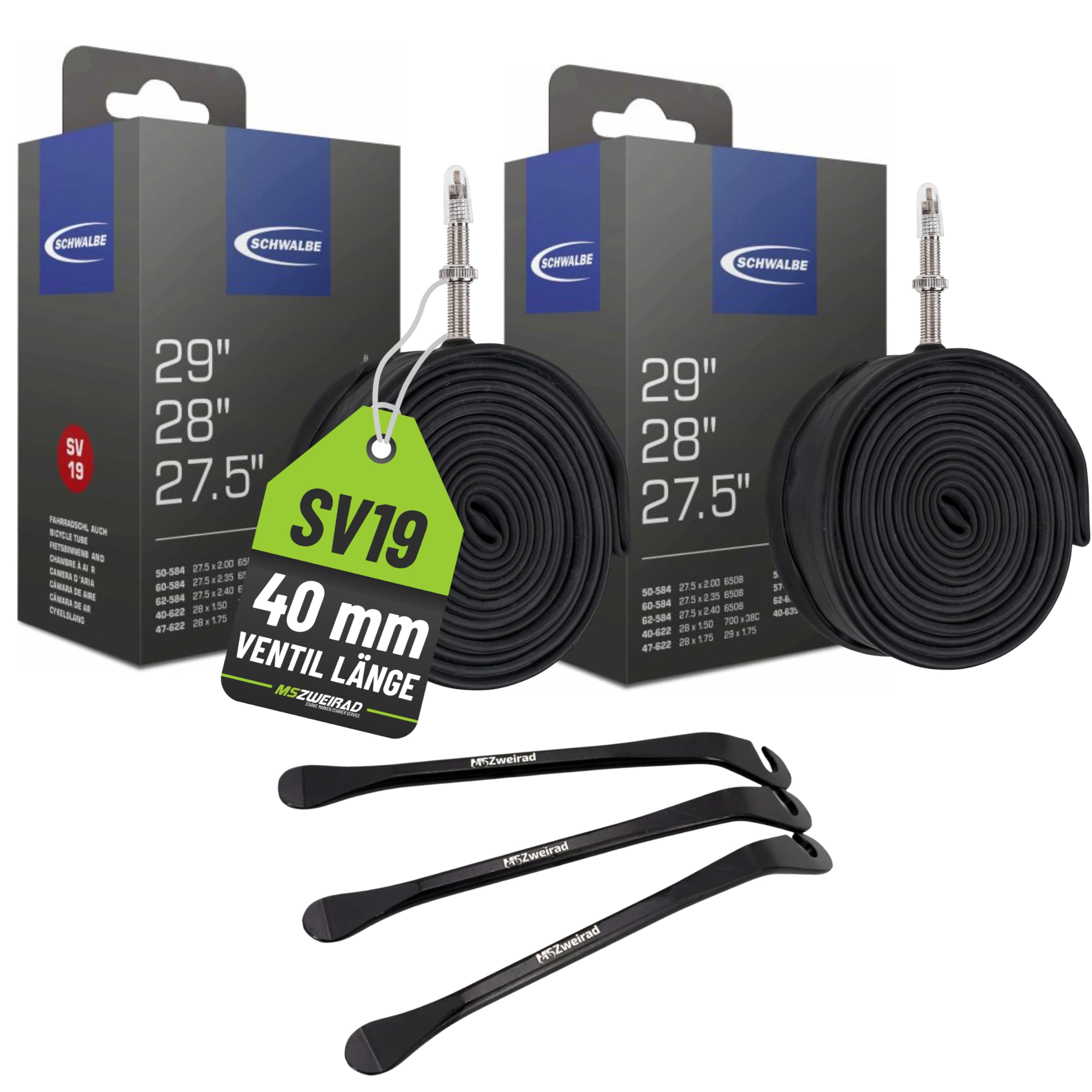2X Schwalbe SV 19 Fahrradschlauch 27,5 28 29 Zoll SV 40mm (40/62-584/635) + 3 MSZweirad Reifenheber