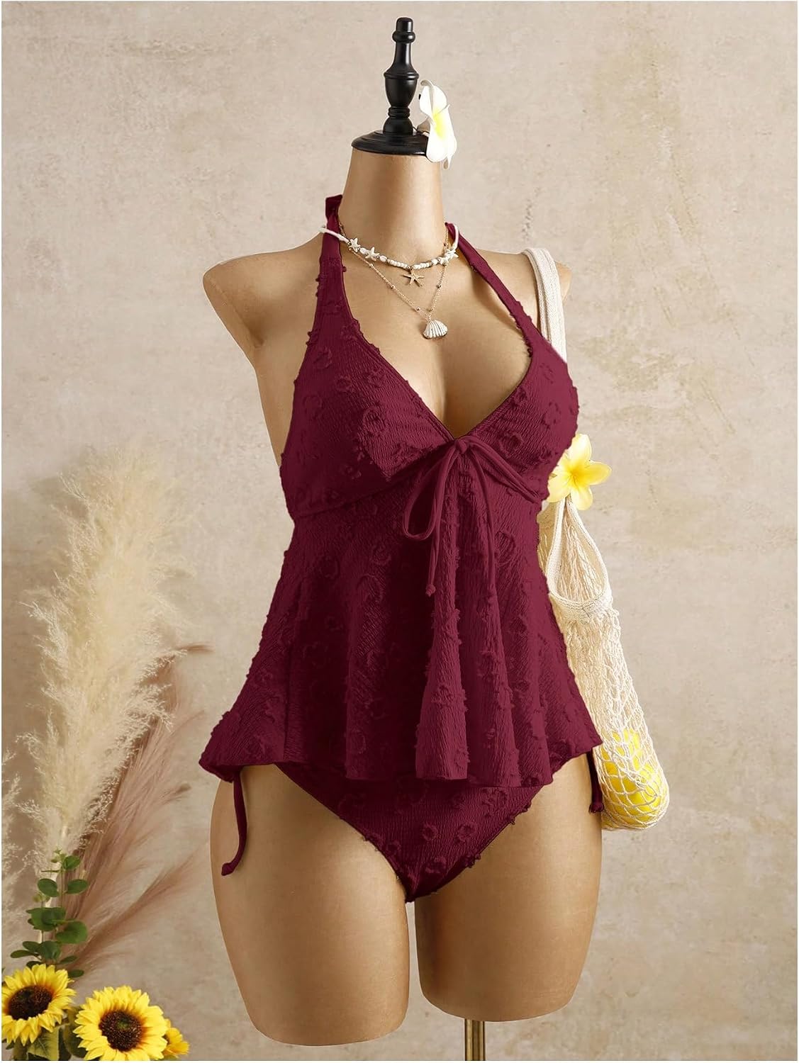 Verdusa Women's 2 Piece Halter Tankini Set Textured Babydoll Tops with Panty Swimsuits