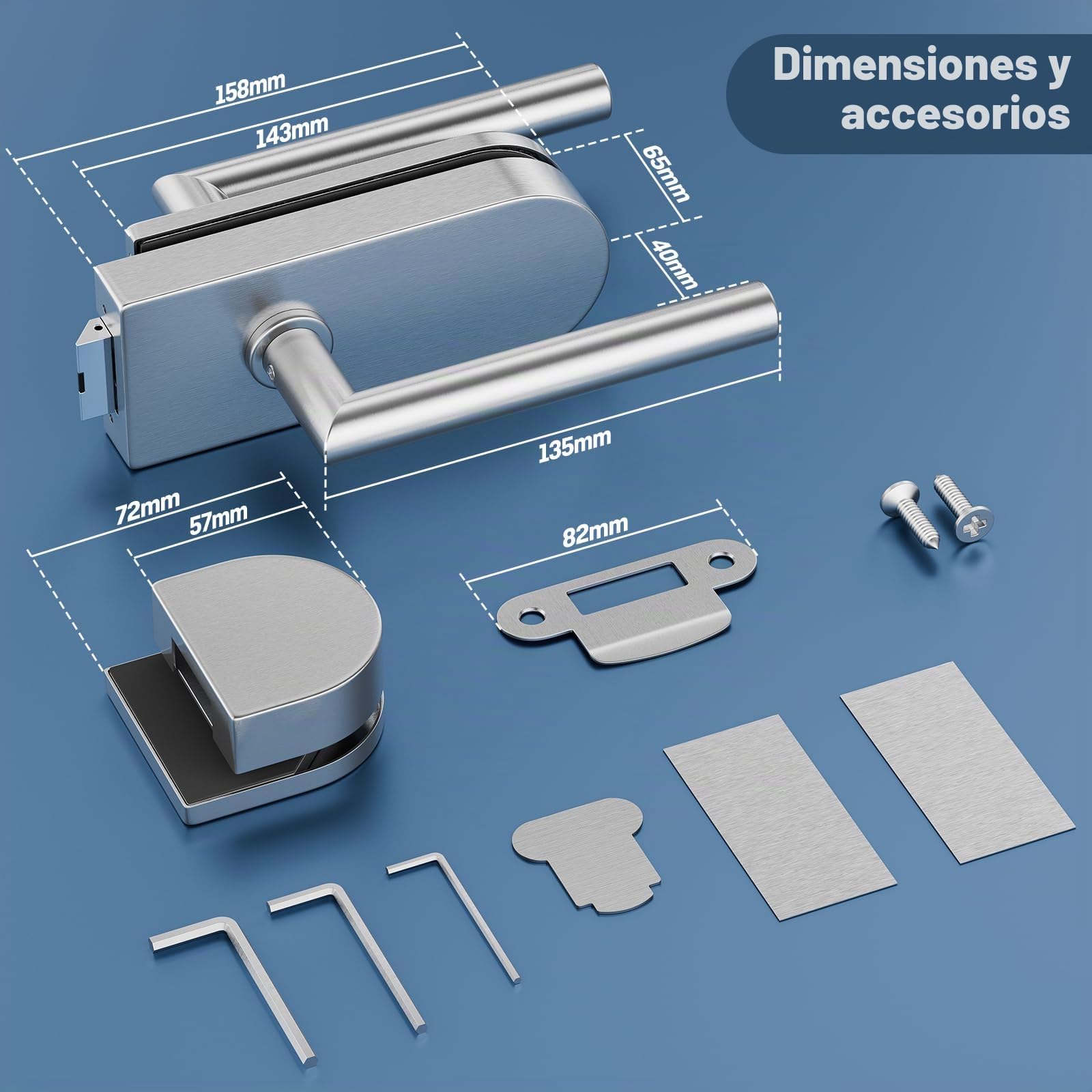 Ranbo Cerradura de Paso para Puerta de Cristal, Plata Cepillada | Sin cilindro ni llaves, con manillas a ambos lados, para cristal templado de 8–12 mm en oficinas e interiores