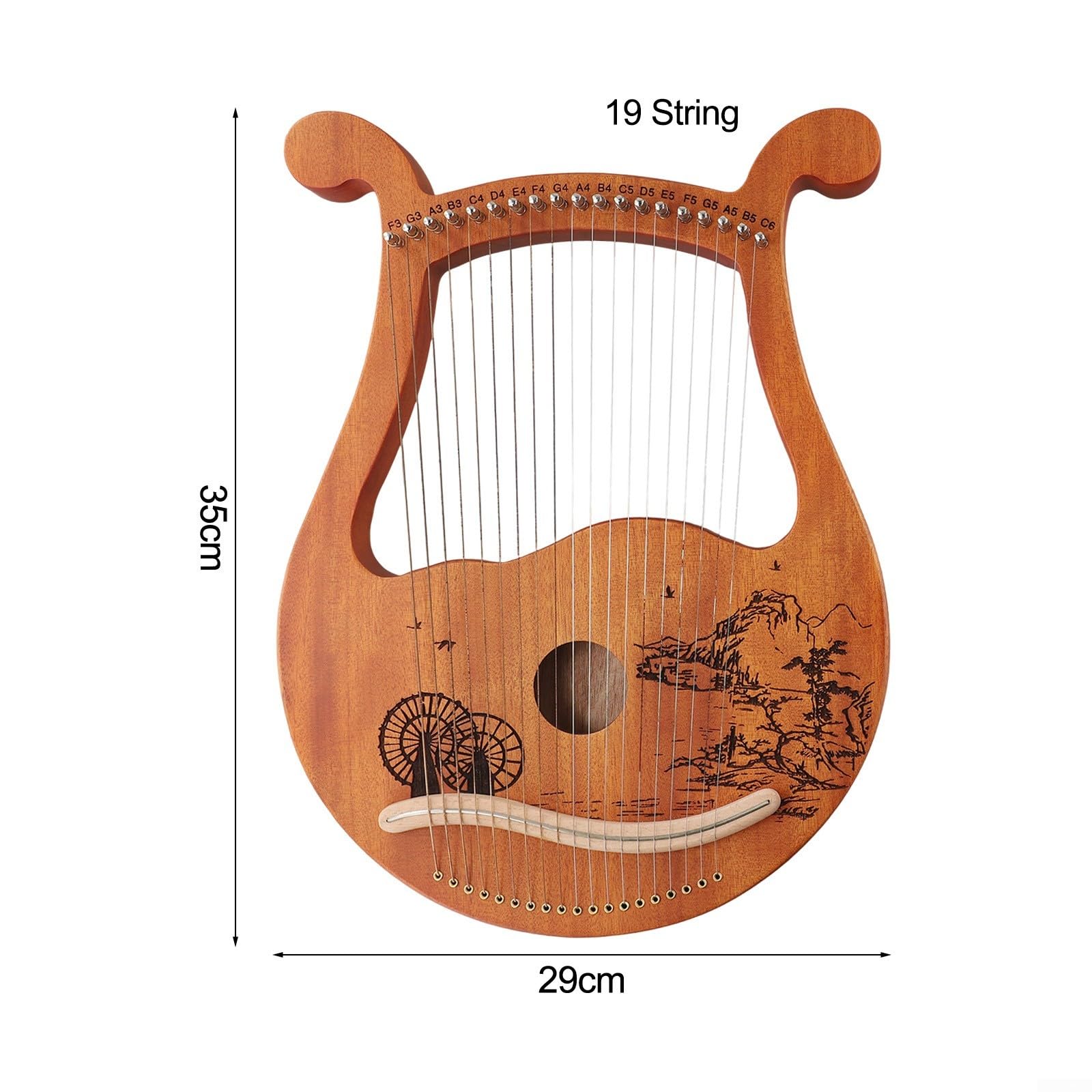 Lyre harpe légère en acajou avec 19 cordes, clé d'accordage et cordes supplémentaires pour un jeu facile (roue)