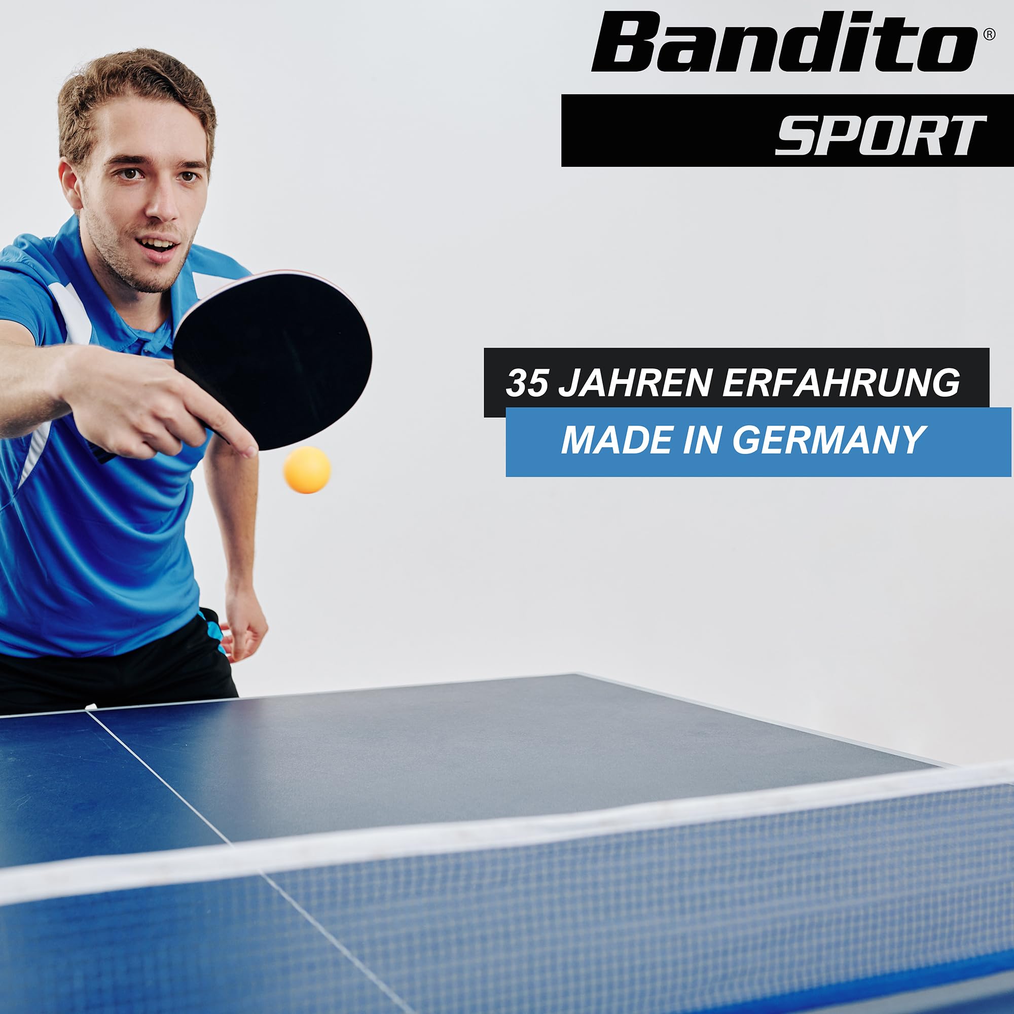 Bandito Profi Tischtennisplatte - Made in Germany, TÜV geprüft, Outdoor & Indoor, Ping Pong Tisch, Turniermaß, klappbar, leicht verstaubar, wasserabweisend, mit Rollen & Netz, 4 mm Melaminharzplatte