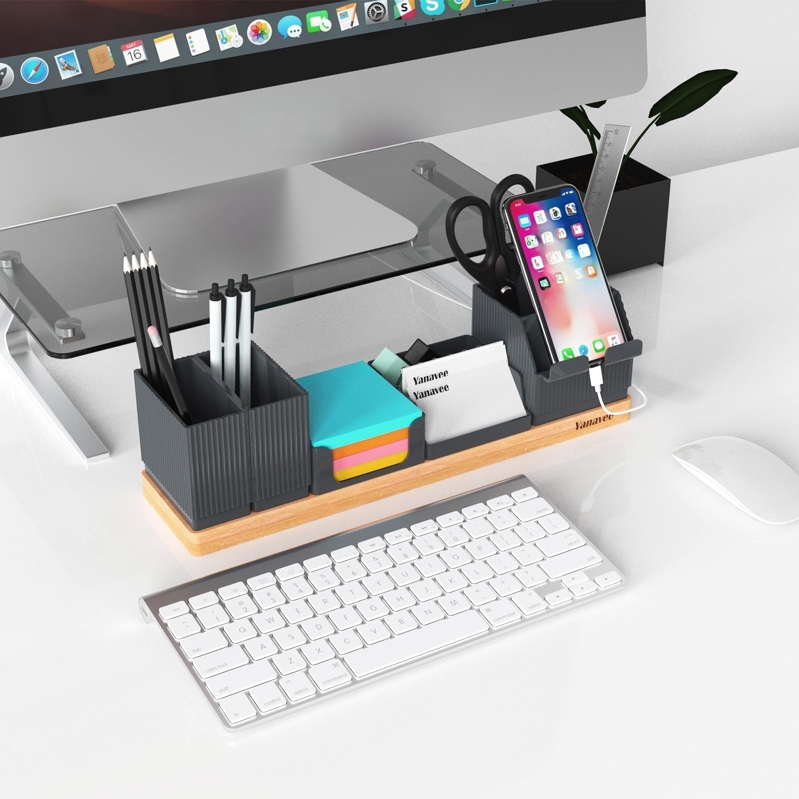 Organisateur de Bureau avec Porte-Stylo Réglable, Support de Téléphone, Porte-cartes de Visite, Pot à Crayons, Plateau de Notes Autocollantes, Organiseur de Table pour Bureau à Domicile