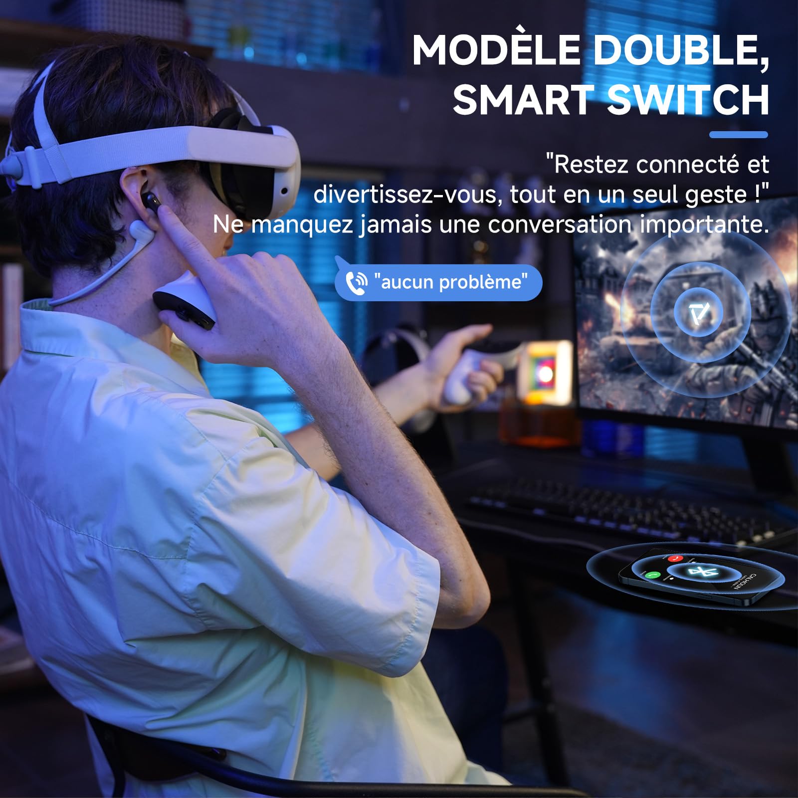 PRISMXR Écouteurs de Jeu sans Fil Compatible avec Meta Quest 3/3S/2, PS5/4, Switch 2017, Faible Latence de 25ms, Écouteurs Bluetooth 2,4GHz avec Dongle USB-C - Vega T1, Noir