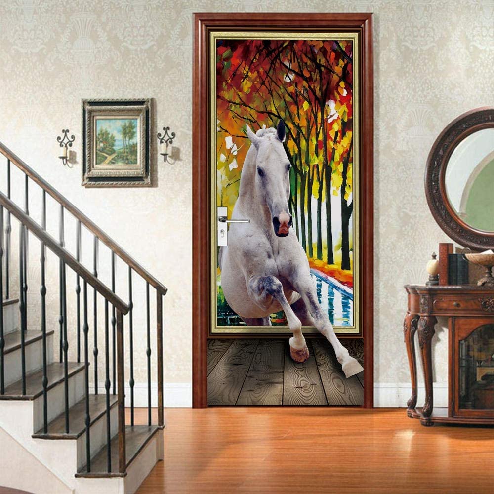 Adesivi Per Porte 3D Murales In Vinile Cavallo Animale Bianco 95 X 215 Cm Carta Da Parati Autoadesiva In Pvc Rimovibile Decalcomanie Artistiche Porte Interne Camera Da Letto Soggiorno Cucina Adesivi