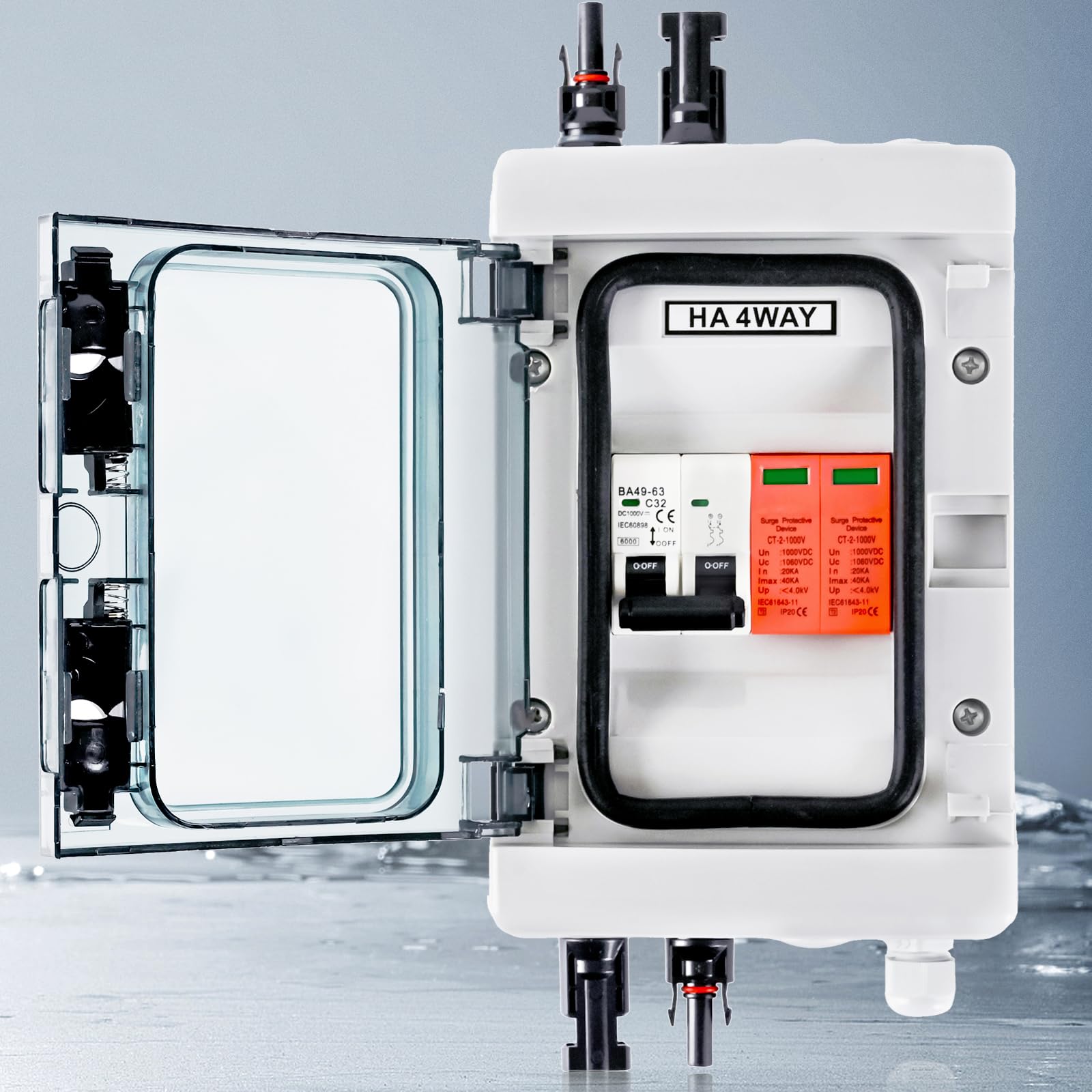 Protezione da sovratensione PV DC 1000 V, interruttore di separazione DC, impianto PV 2P 32A e protezione solare PV 40 KA, IP65, impermeabile, scatola di collegamento solare, 1 stringa, 4 moduli con