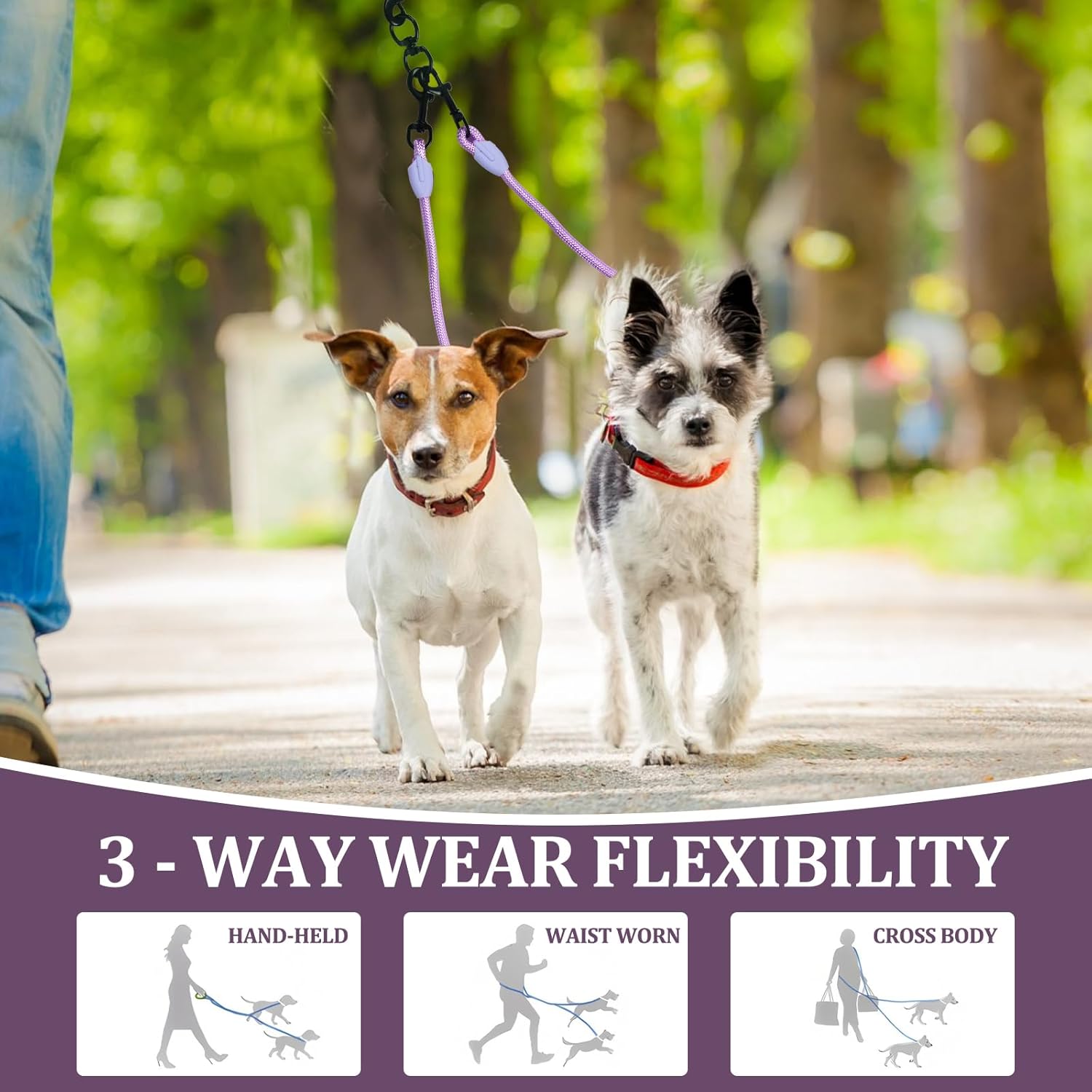 Double Dog Leash No Tangle, Adjustable Split Leads Three Pet Walking Leash with Comfortable Padded Handle for Three Dogs, Hands - Free Three Leashes for Small/Medium Pets (Purple, Three Leashes)