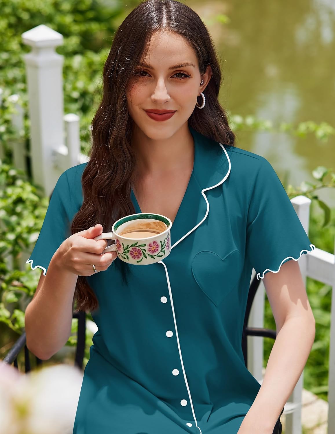 Ekouaer Cotton Nightgowns for Women Button Down Sleep Shirts Short Sleeve Night Gown Boyfriend Sleepwear Soft Night Shirts Blue Green