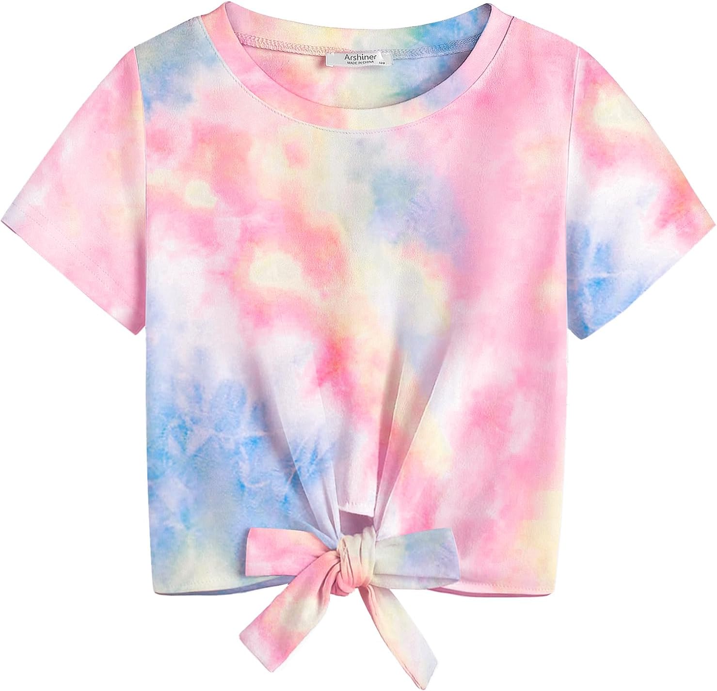 Arshiner Girls Short Sleeve Shirts Tie Knot Front Tops T Shirts for Kids Crewneck Cute Casual Tie Dye Tee Blouse