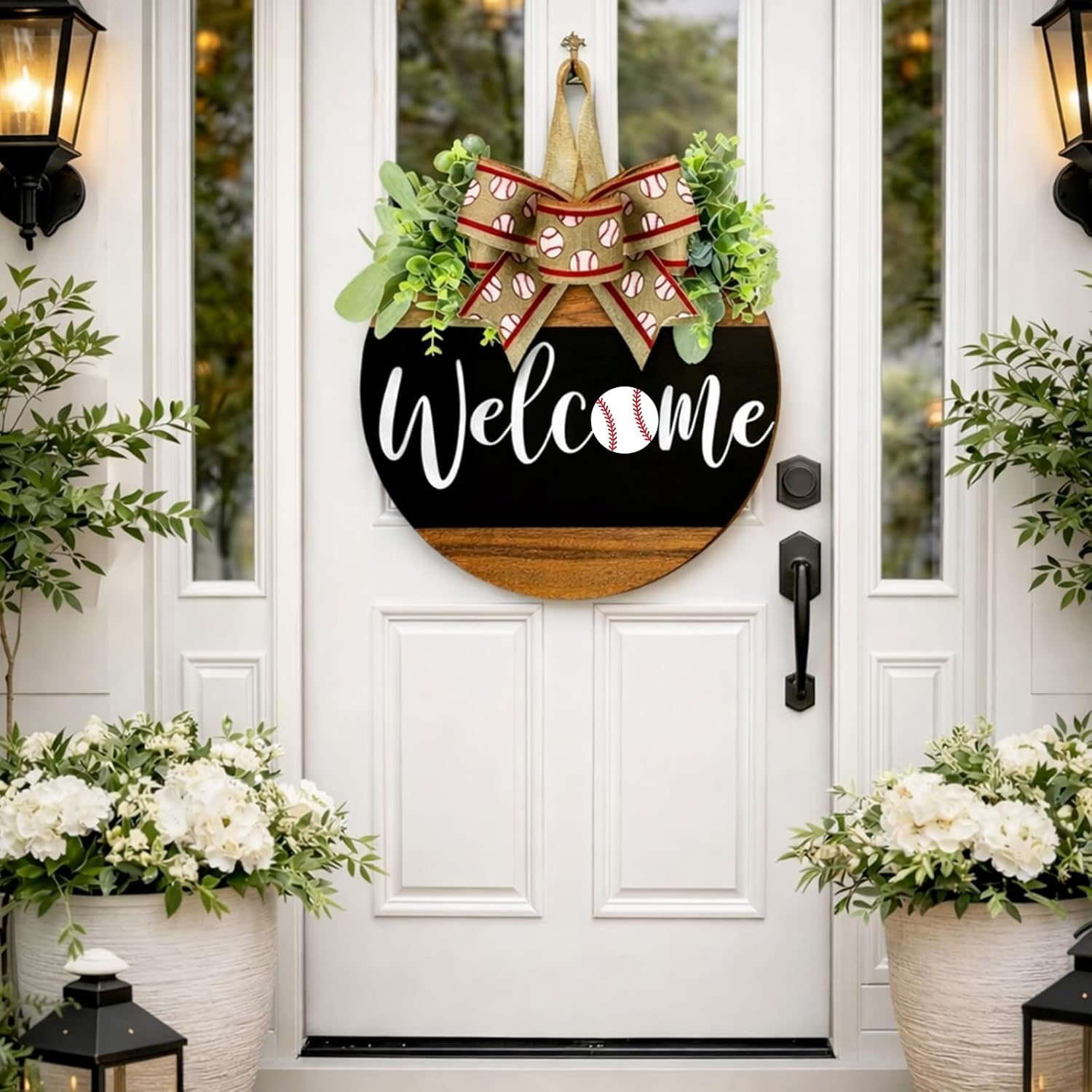Threehoney Baseball Door Sign Decorations Baseball Welcome Wreath for Front Door with Burlap Bow 11.8 Inch Farmhouse Wooden Sports Doors Hanger for Front Porch Outdoor Rustic Decorations
