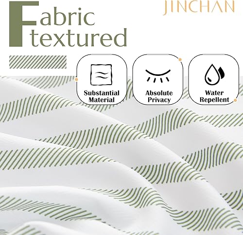 Miniatura 3 de jinchan Cortina de ducha a rayas verdes y blancas modernas en zigzag de tela impermeable para baño con 12 ganchos, lavable a máquina, 70 x 72
