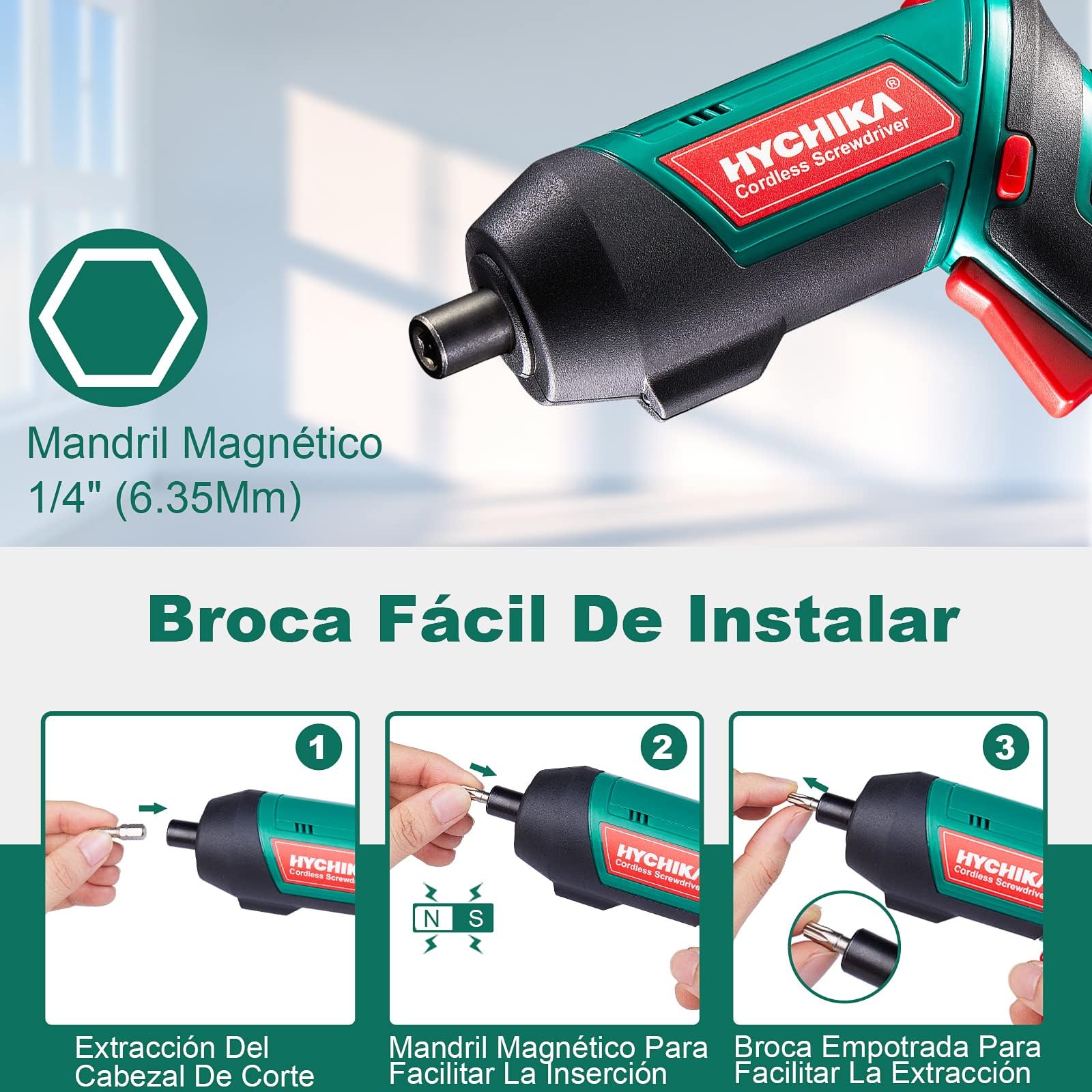 HYCHIKA Destornillador Eléctrico 6N.m, Atornillador Eléctrico Inalámbrico 3.6v Batería 2000mAh (Máximo Par 6 N.m) LED Luz, Mandril Magnétic, Cable USB, 20 Accesorios — view 3