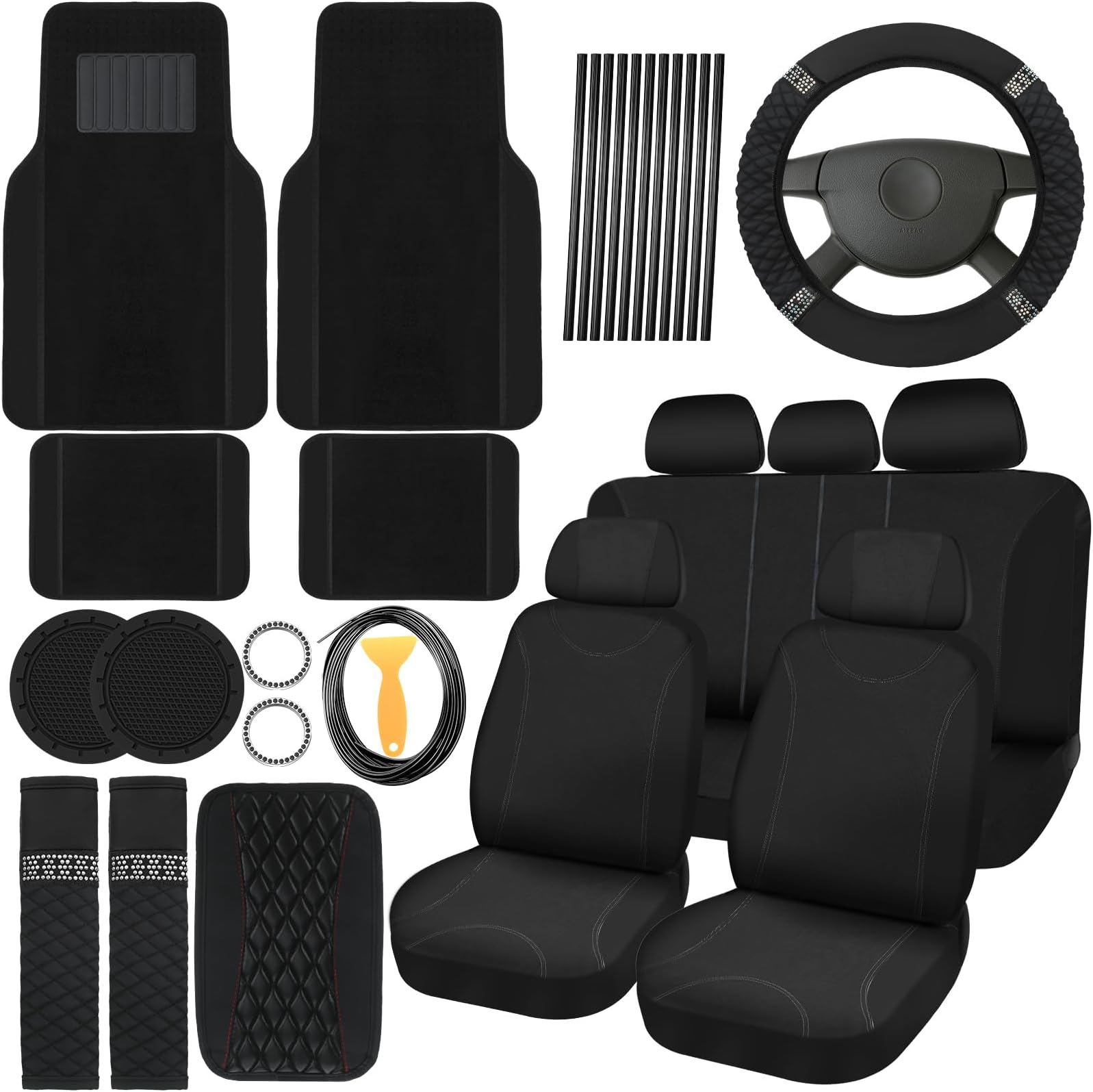 BBTO 43 Pcs Bling Car Accessories Set for Women Front Seats and Rear Bench Polyester Car Seat Protectors Wheel Cover Seat Floor Mats Full Crystal Automotive Interior Decor(Black)