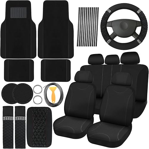 Miniatura 32 de BBTO - Set accesorios autos de mujeres, 43 piezas con brillo, protectores poliéster para asientos delanteros y traseros, funda volante, alfombrillas