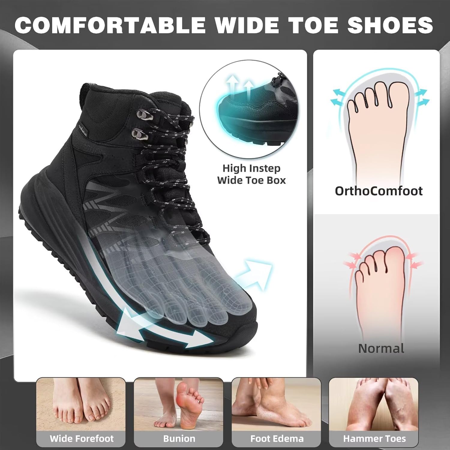 Men's Orthopedic Wide Waterproof Hiking Boots: Comfortable Plantar Fasciitis Work Walking Running Trekking Shoes, Orthotic Non Slip Adventures Mid Ankle Support Trail Sneakers for Foot Pain Relief - Image 5