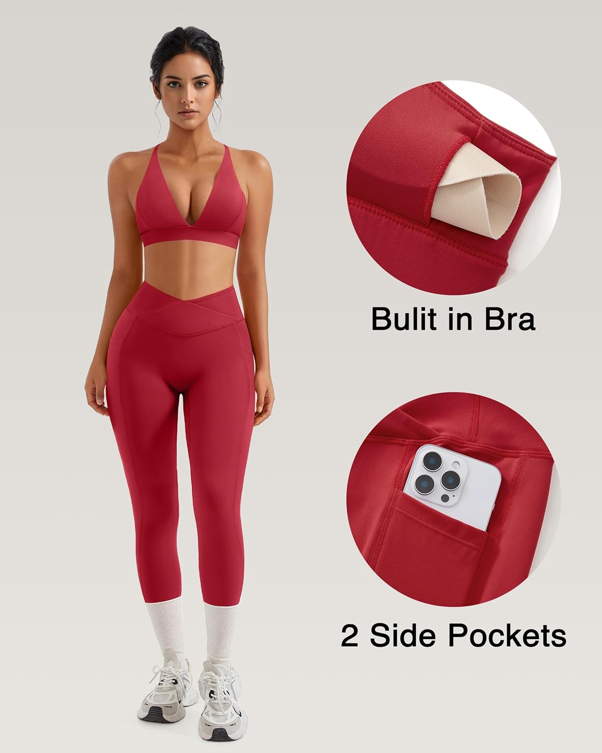 RXRXCOCO 2 Piece Workout Sets for Women Strappy Sports Bra Booty Leggings with Pockets Yoga Gym Outfits - Image 2