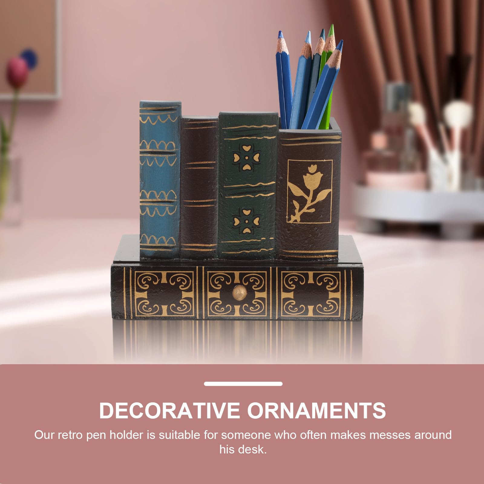 PRETYZOOM Portapenne da Scrivania in Legno Stile Retrò Scomparto a Cassetto, Organizer Porta Cancelleria Multifunzione per Ufficio, Scuola e Casa, Decorazione Creativa a Forma di Libro