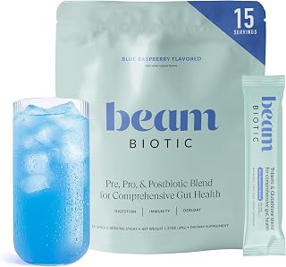 BEAM Biotic Probiotics for Women & Men – Gut Health for Women & Men, Digestive Health with Pre, Pro & Postbiotics + Glutathione, Daily Probiotic Drink for Bloating Relief, Blue Raspberry, 15 Servings