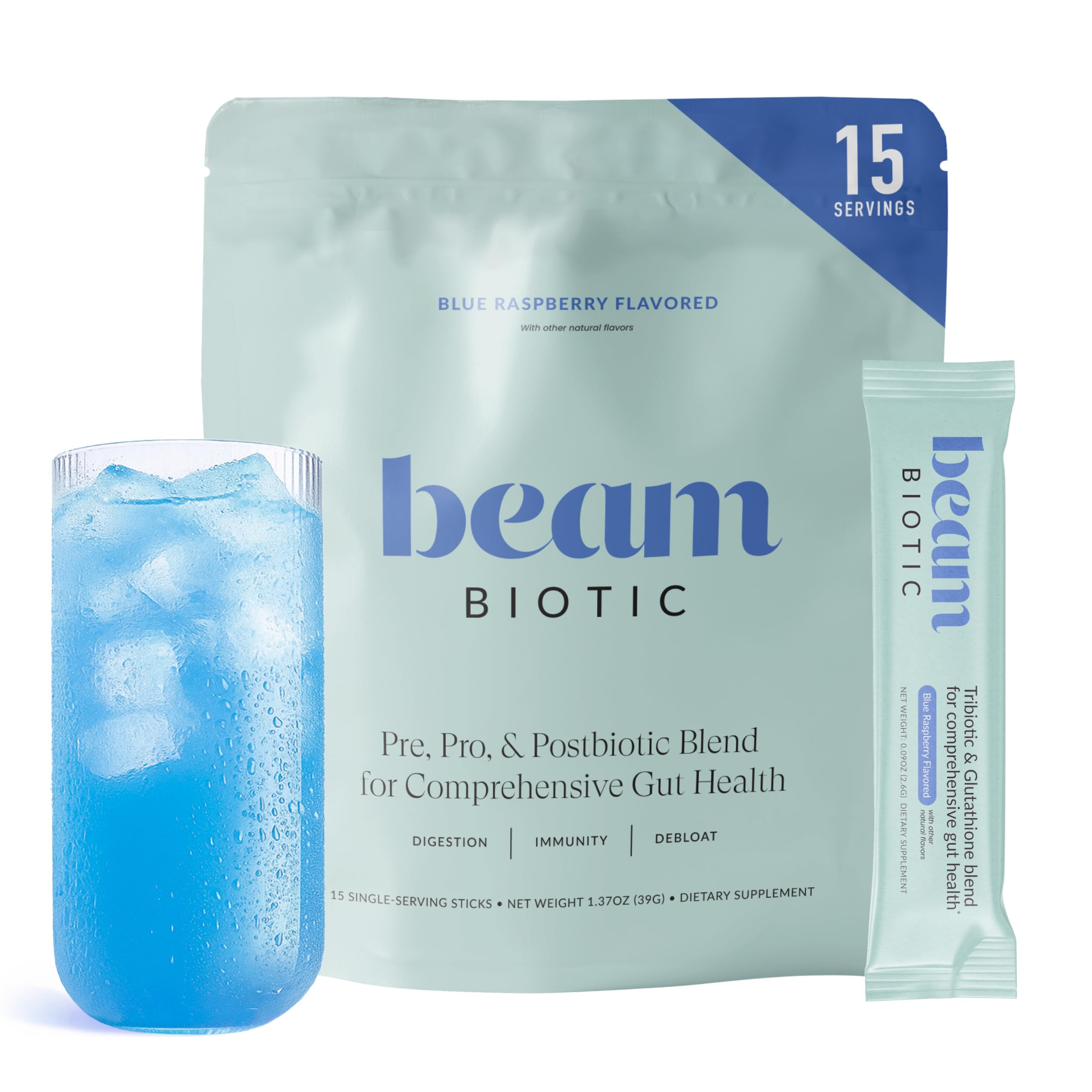 BEAM Biotic Probiotics for Women & Men – Gut Health for Women & Men, Digestive Health with Pre, Pro & Postbiotics + Glutathione, Daily Probiotic Drink for Bloating Relief, Blue Raspberry, 15 Servings Blue Raspberry 15 Servings