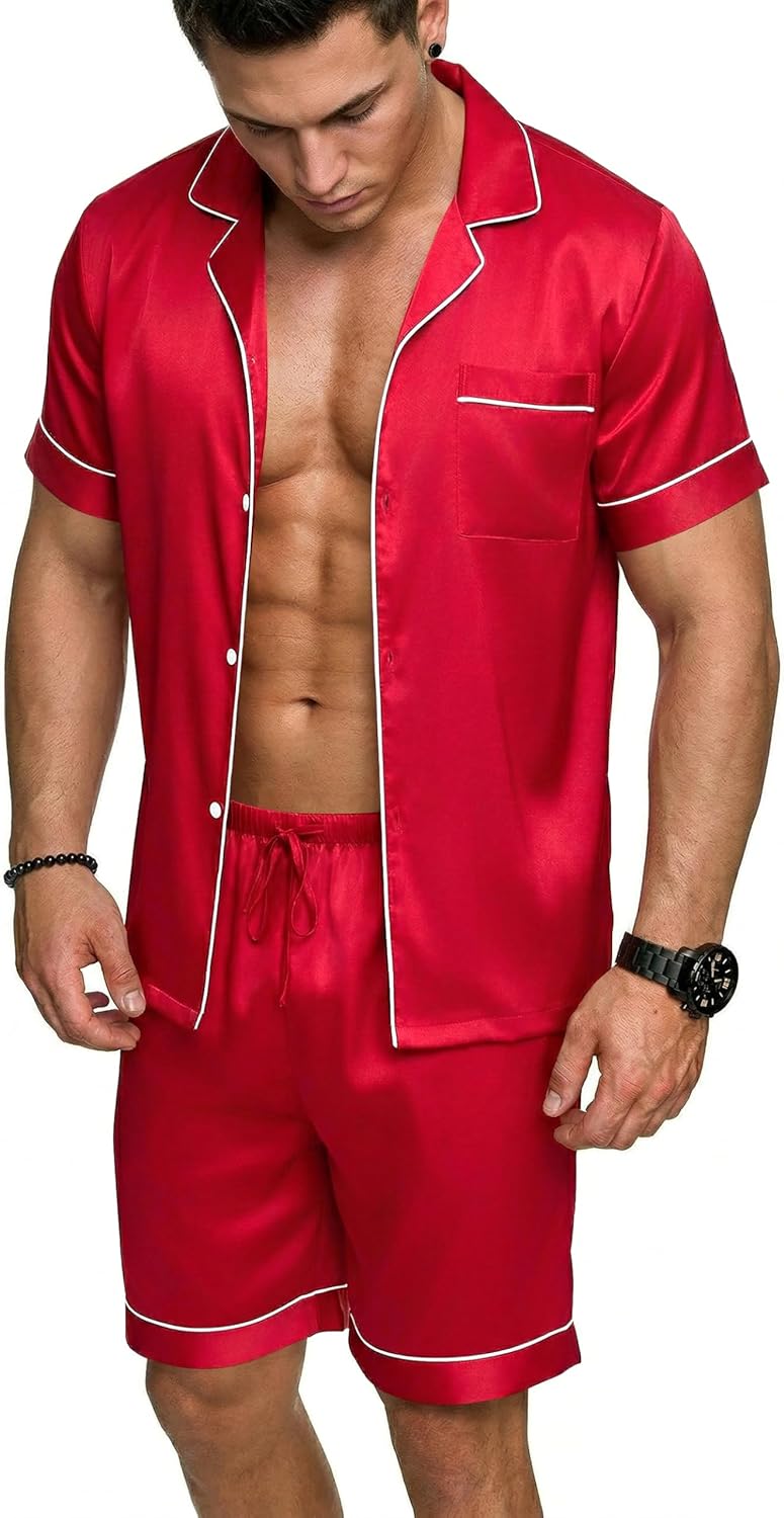 Ekouaer Mens Silk Satin Pajamas Set, Short Sleeve Sleepwear Lightweight Button Up Lounge Pjs Set with Pockets S-4XL