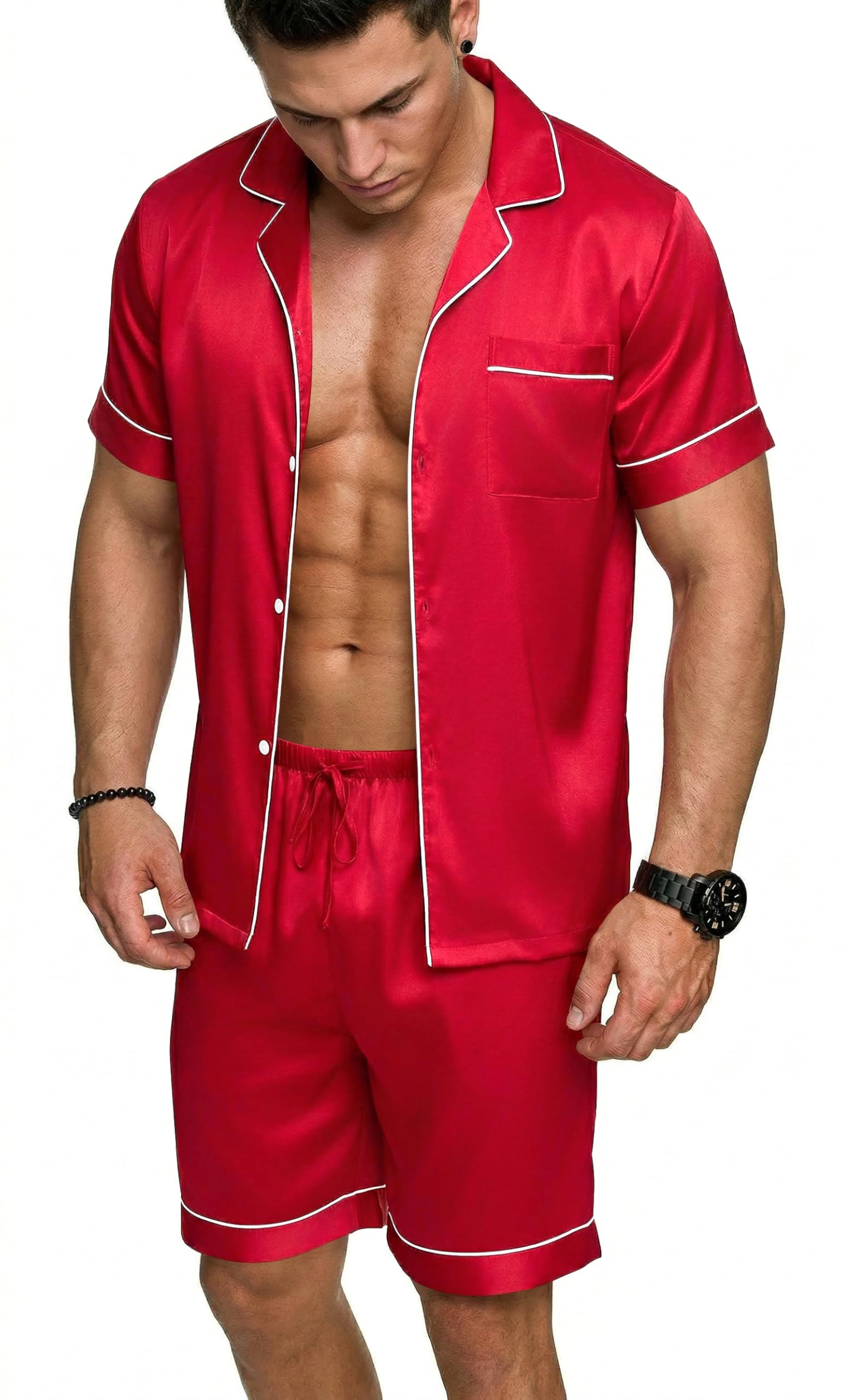Ekouaer Mens Silk Satin Pajamas Set, Short Sleeve Sleepwear Lightweight Button Up Lounge Pjs Set with Pockets S-4XL — view 15
