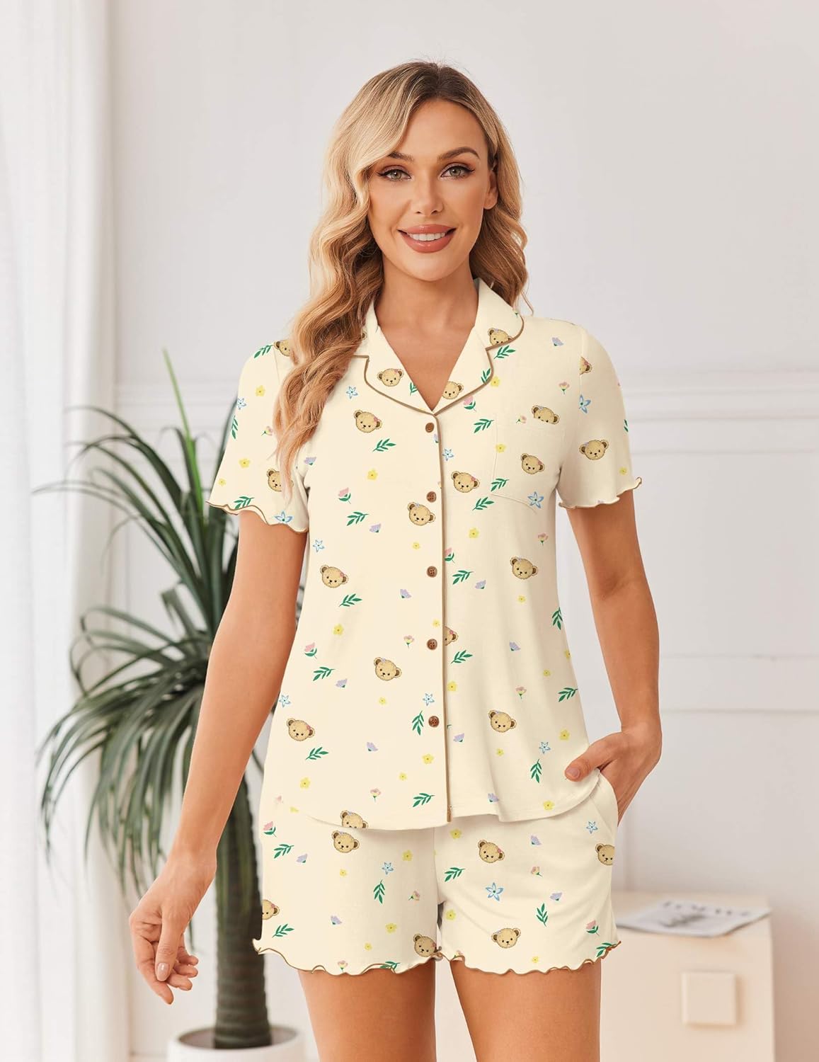 Ekouaer Viscose from Bamboo Women Pajama Sets Button Up Cooling Pjs Short Sleeve Ruffle Sleepwear 2 Piece Lounge Shorts Set - Image 2