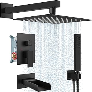 Midanya Rain Shower System Tub Shower Faucet Set Square Rainfall Waterfall Shower Head with Handheld Sprayer Tub Spout Combo Wall Mounted bathtub faucet set Rough-in Valve, 12 Inch Matte Black