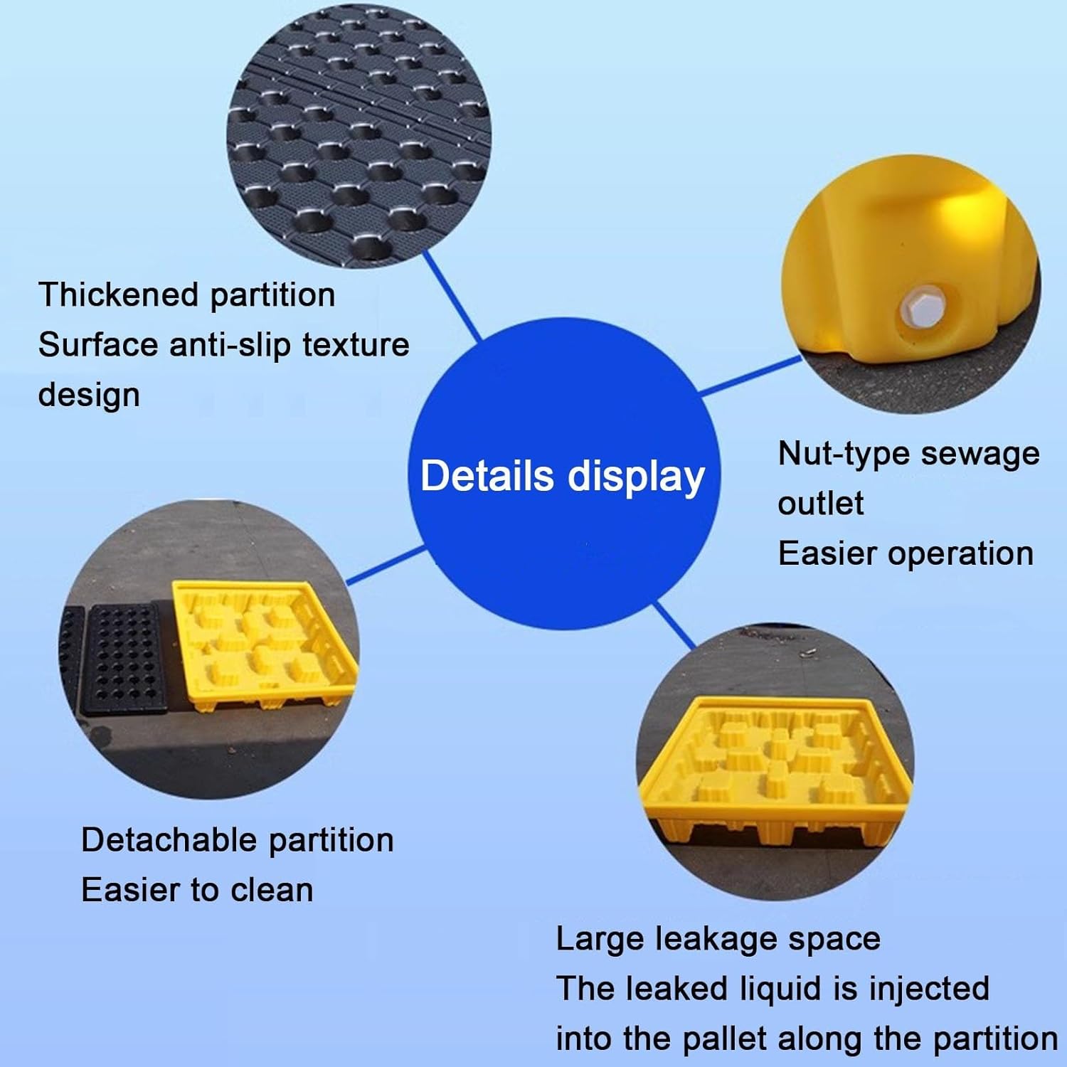 Stackable Industrial Spill Containment Pallet with Grating & Drain Outlet, Yellow & Black Oil Drum Spill Tray, Durable Polyethylene Spill Platform (49x35x9.5cm)