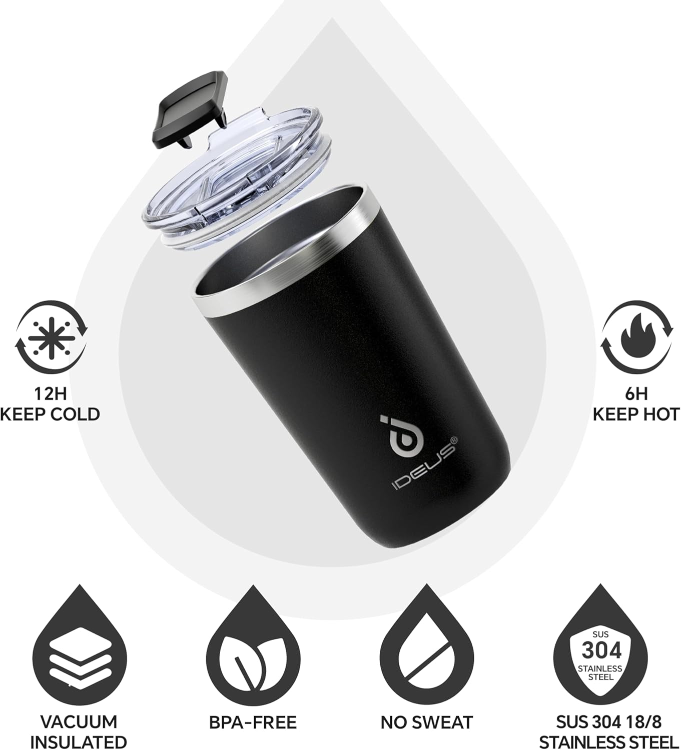 Ideus 20 oz Tumbler, Travel Coffee Mug with Splash Proof Sliding Lid, Double Wall Stainless Steel Vacuum Insulated Coffee Mug for Home and Office, Keep Beverages Hot or Cold, Black - Image 2