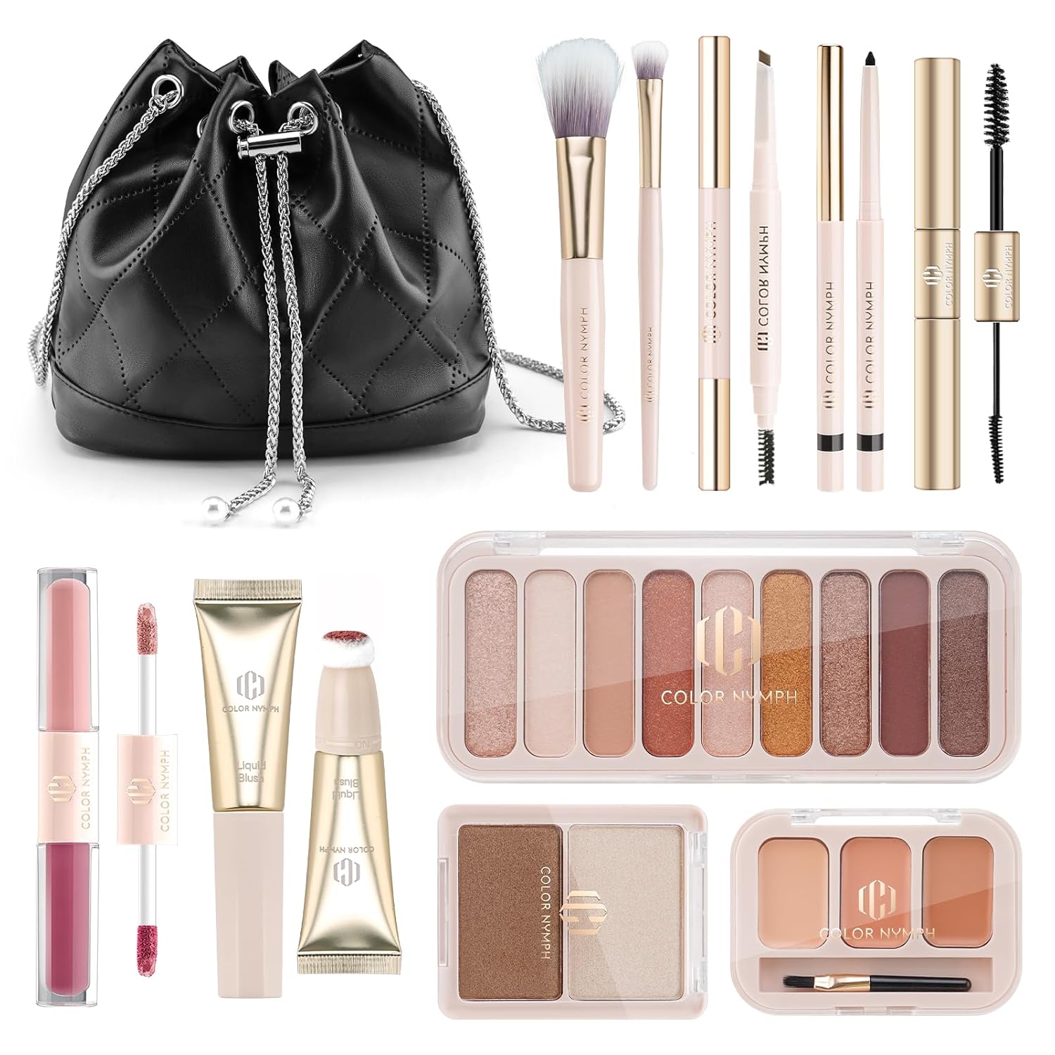 Color Nymph Beginners Makeup Kit for Teens Girls with Cosmetic Bag, Girls Makeup Kit For Women included 9 Color Eyeshadow Palette Concealer Liquid Blush Eyeliner Lipgloss Color Nymph Beginners Makeup Kit for Teens Girls with Cosmetic Bag, Girls Makeup Kit For Women included 9 Color Eyeshadow Palette Concealer Liquid Blush Eyeliner Lipgloss