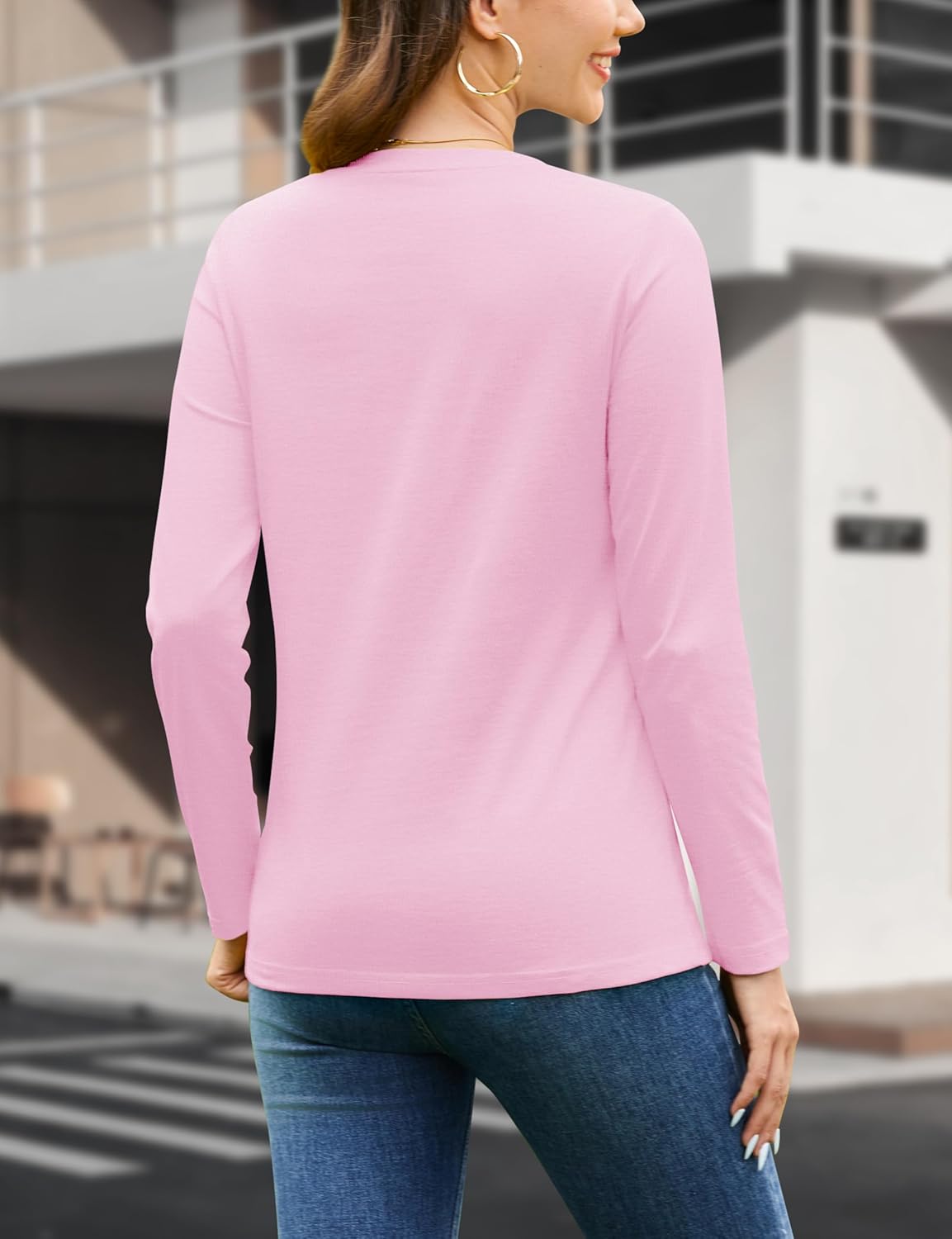 YUCOLEN Women's Long Sleeve Shirts V Neck Cotton T-Shirt Solid Color Casual Tops Basic Tees for Women - Image 3