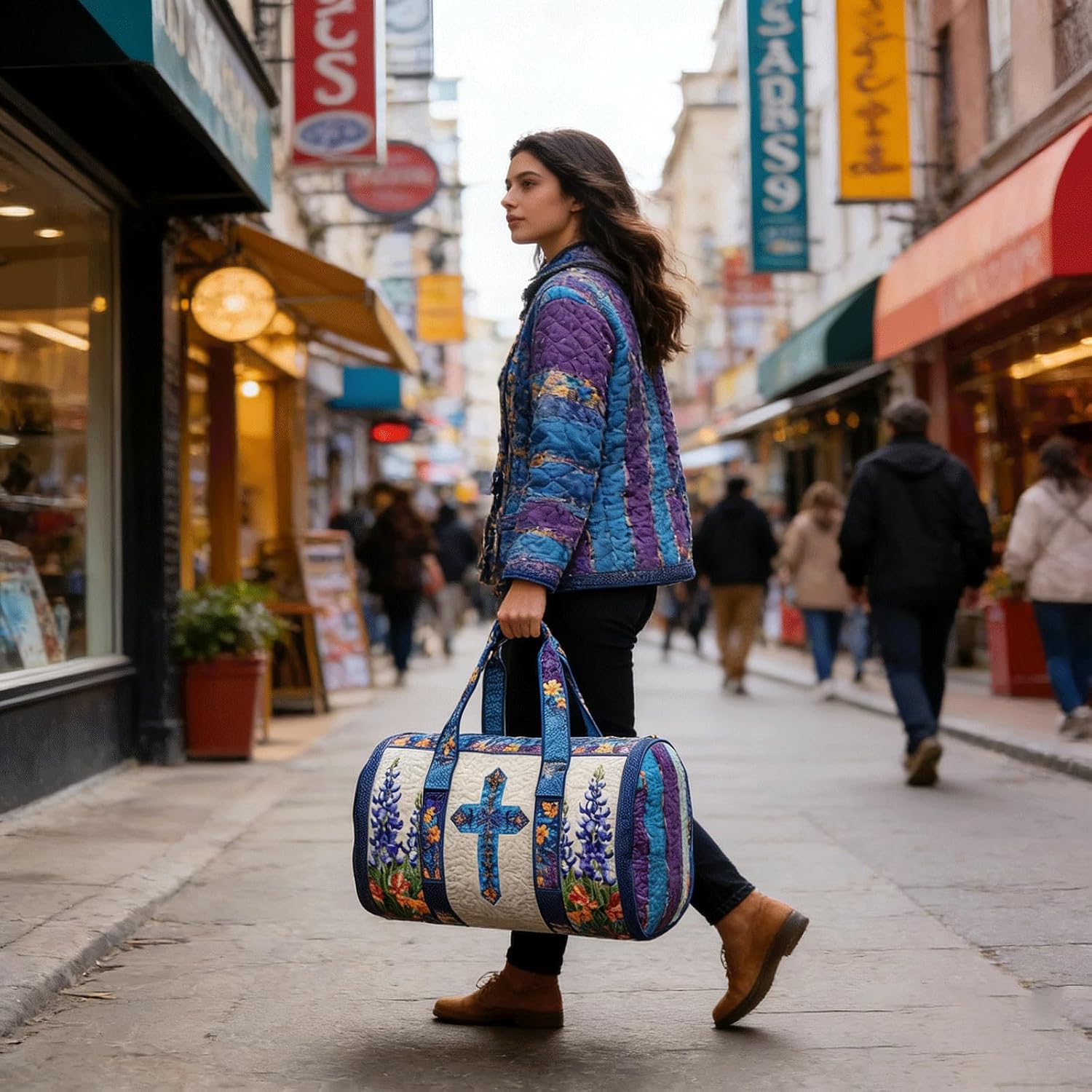 Quilted Floral Print Duffle Bag, 20-35L Polyester Travel Gym Yoga Bag with Handles, Lightweight Breathable Weekender Bag for Women (13, 18"x9"x9")